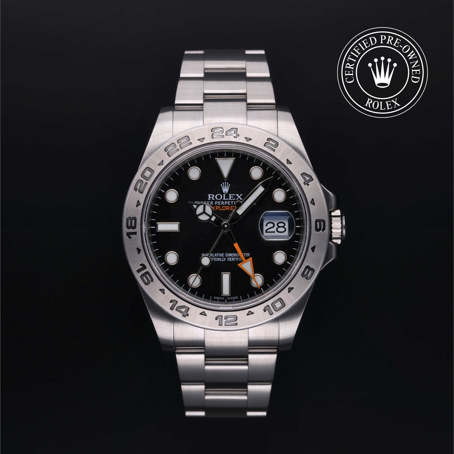 Rolex Certified Pre-owned Explorer M216570-0002 front on black background