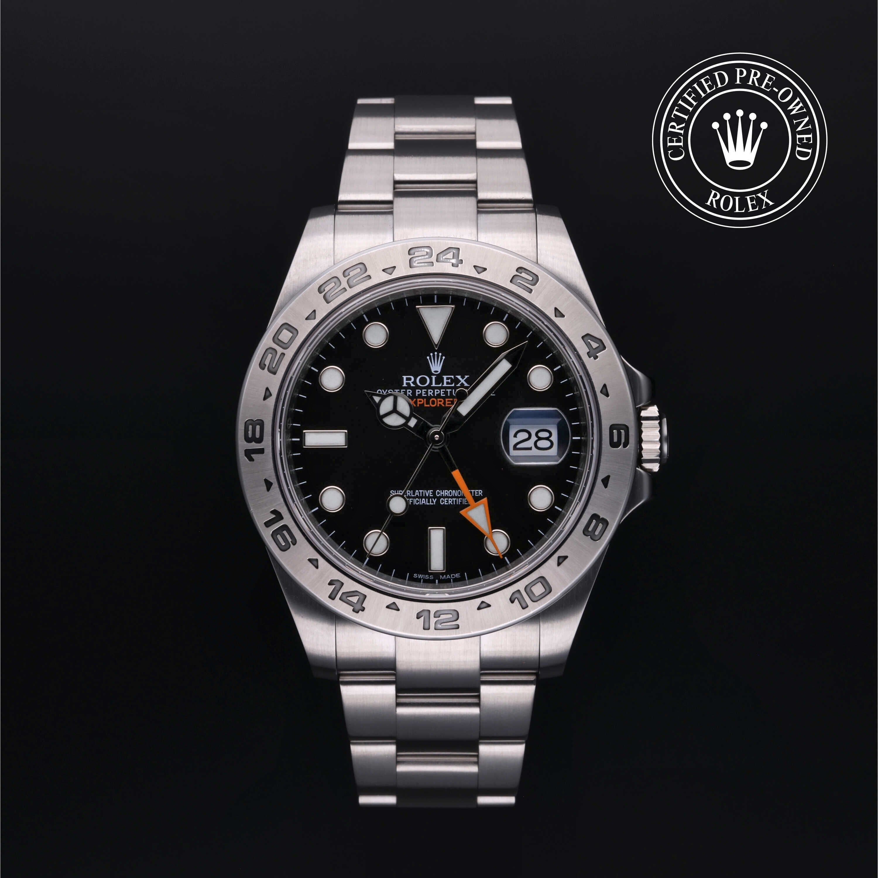 Rolex Certified Pre-owned Explorer M216570-0002 front on black background