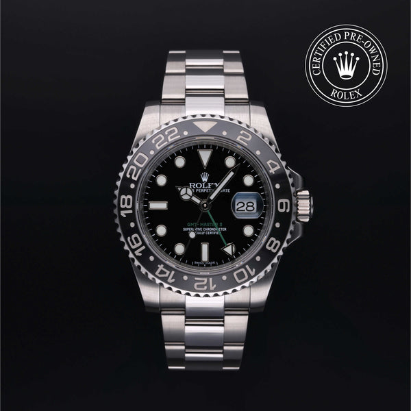 Rolex Certified Pre-owned GMT M116710LN-0001 front on black background
