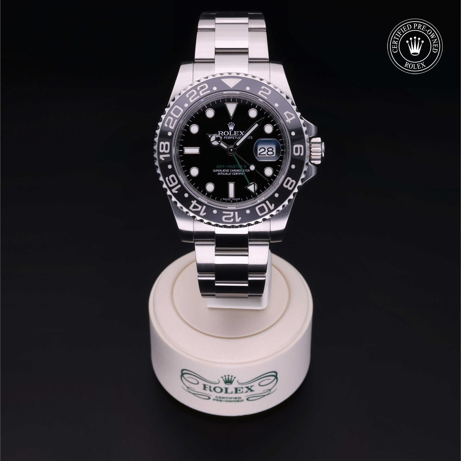 Rolex Certified Pre-owned GMT M116710LN-0001 front on black background
