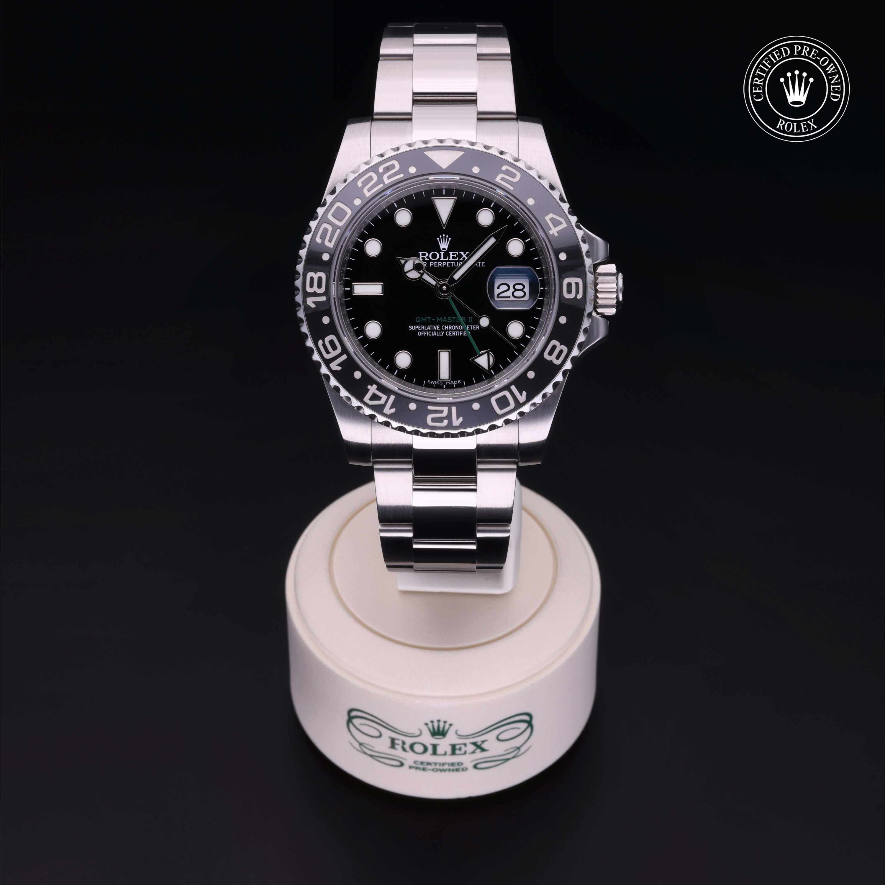 Rolex Certified Pre-owned GMT M116710LN-0001 front on black background