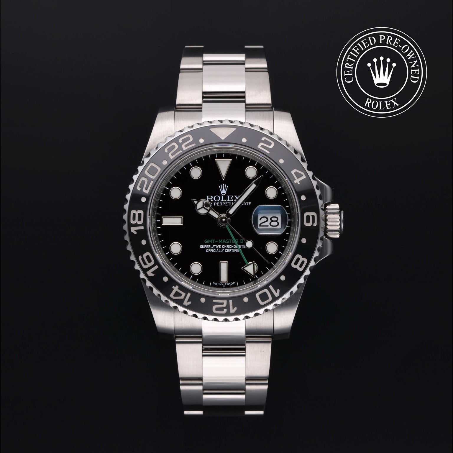 Rolex Certified Pre-owned GMT II M116710LN-0001 front on black background