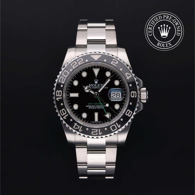 Rolex Certified Pre-owned GMT II M116710LN-0001 front on black background