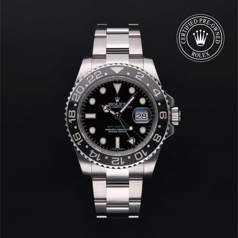 Rolex Certified Pre-owned GMT II M116710LN-0001 front on black background