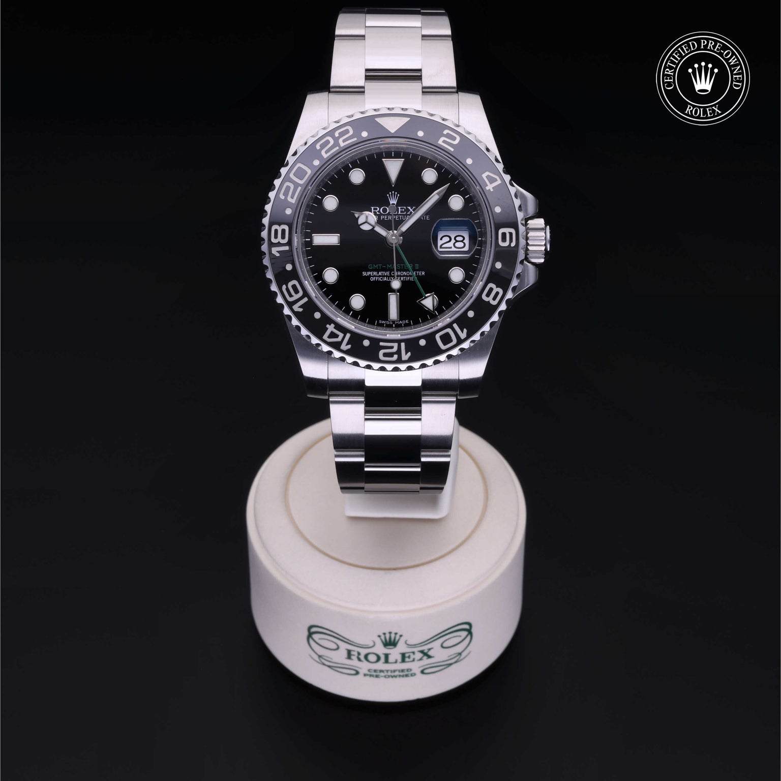 Rolex Certified Pre-owned GMT II M116710LN-0001 front on black background