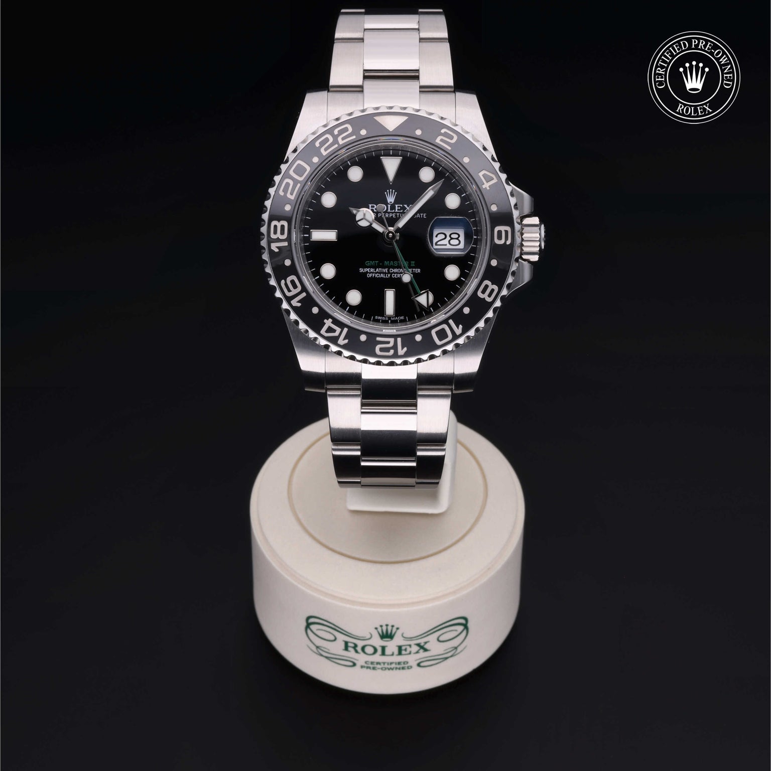 Rolex Certified Pre-owned GMT M116710LN-0001 front on black background