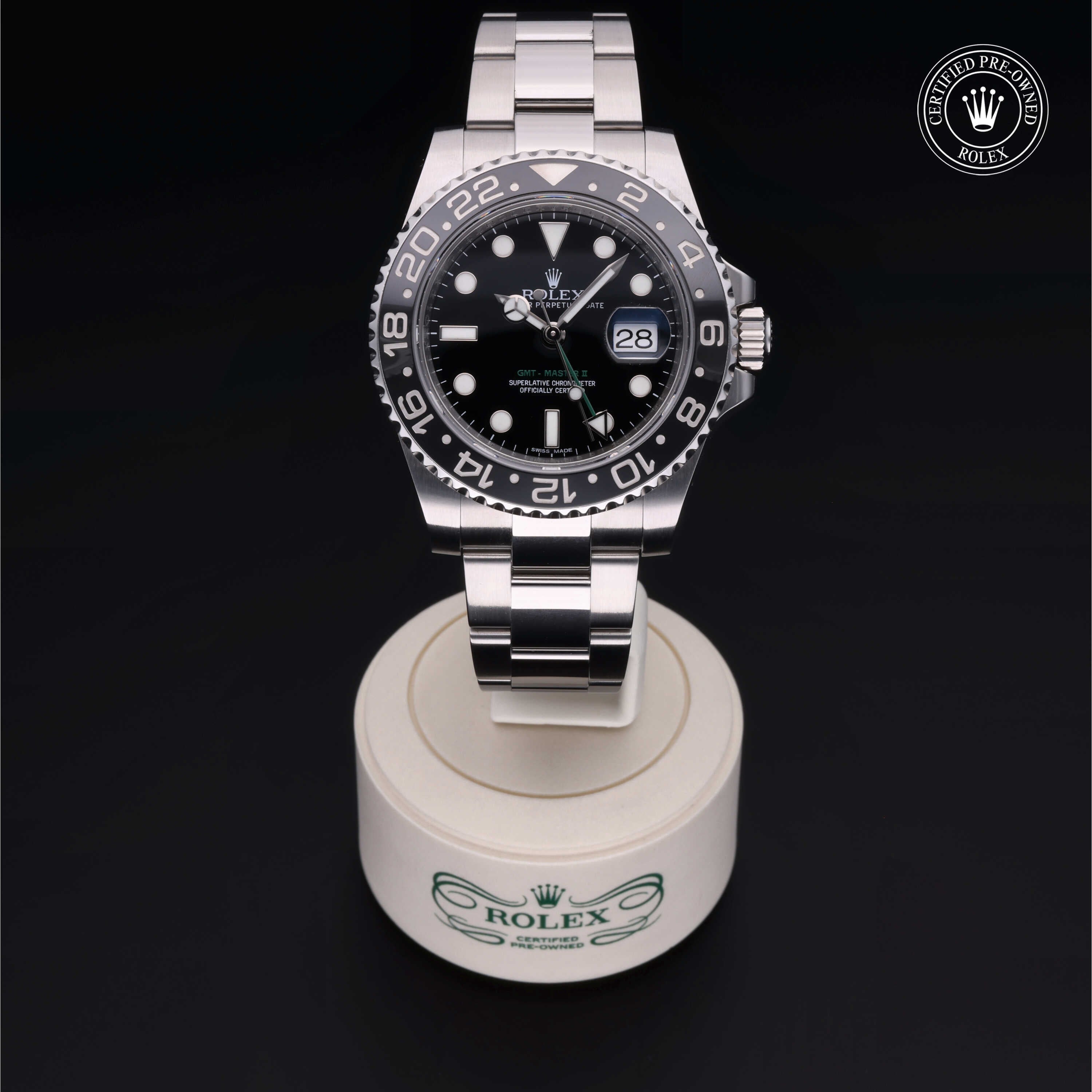 Rolex Certified Pre-owned GMT M116710LN-0001 front on black background