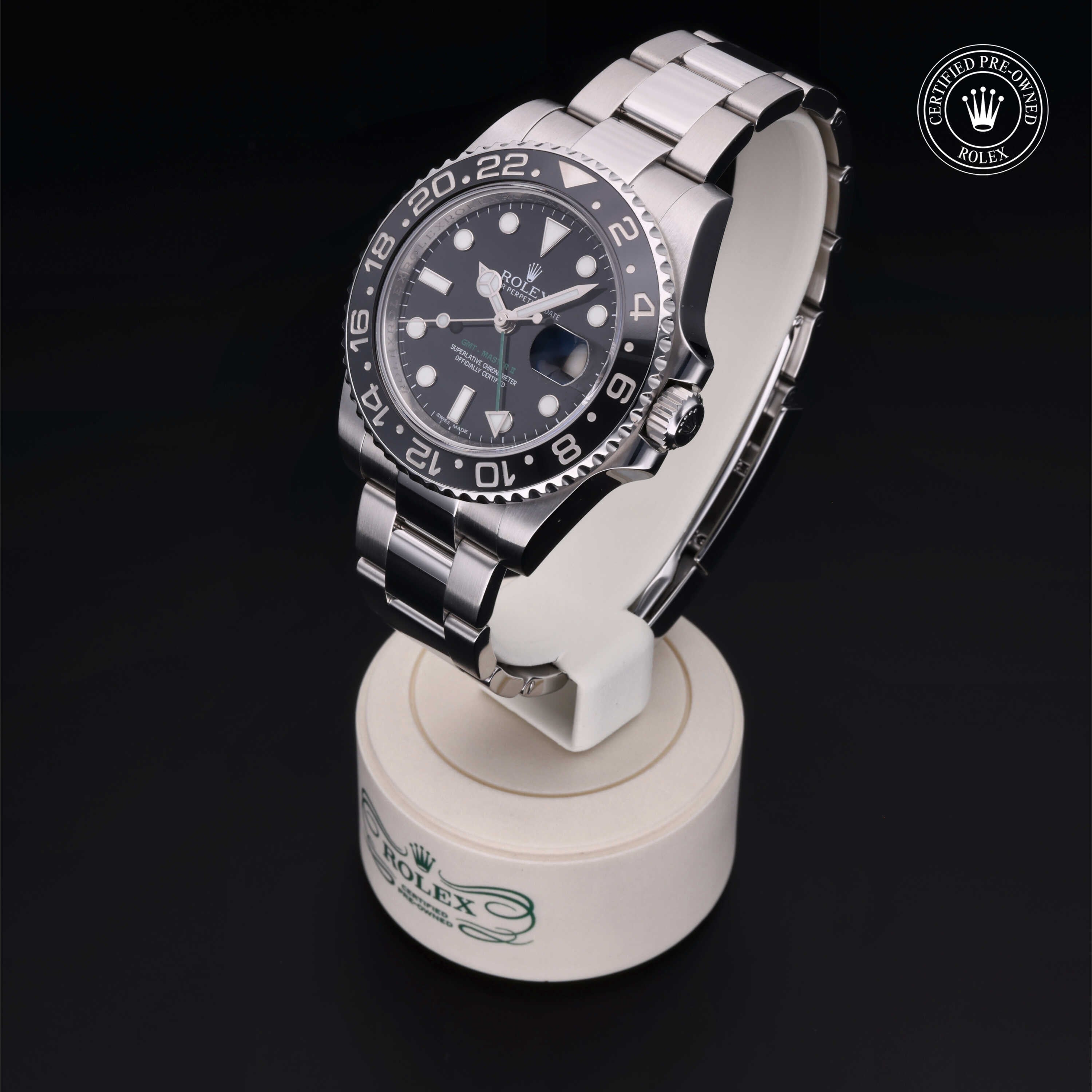 Rolex Certified Pre-owned GMT M116710LN-0001 front on black background