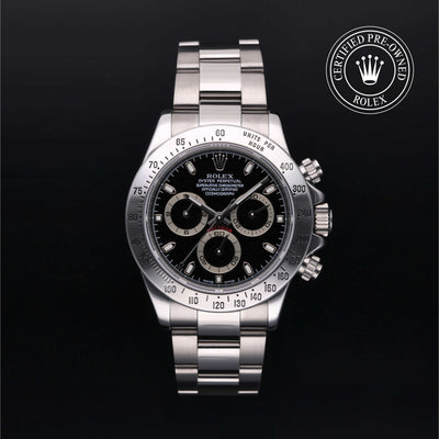 Rolex Certified Pre-owned Daytona M116520-0009 front on black background