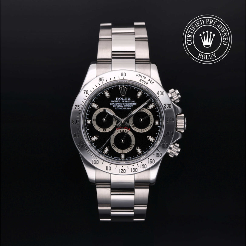 Rolex Certified Pre-owned Daytona M116520-0009 front on black background