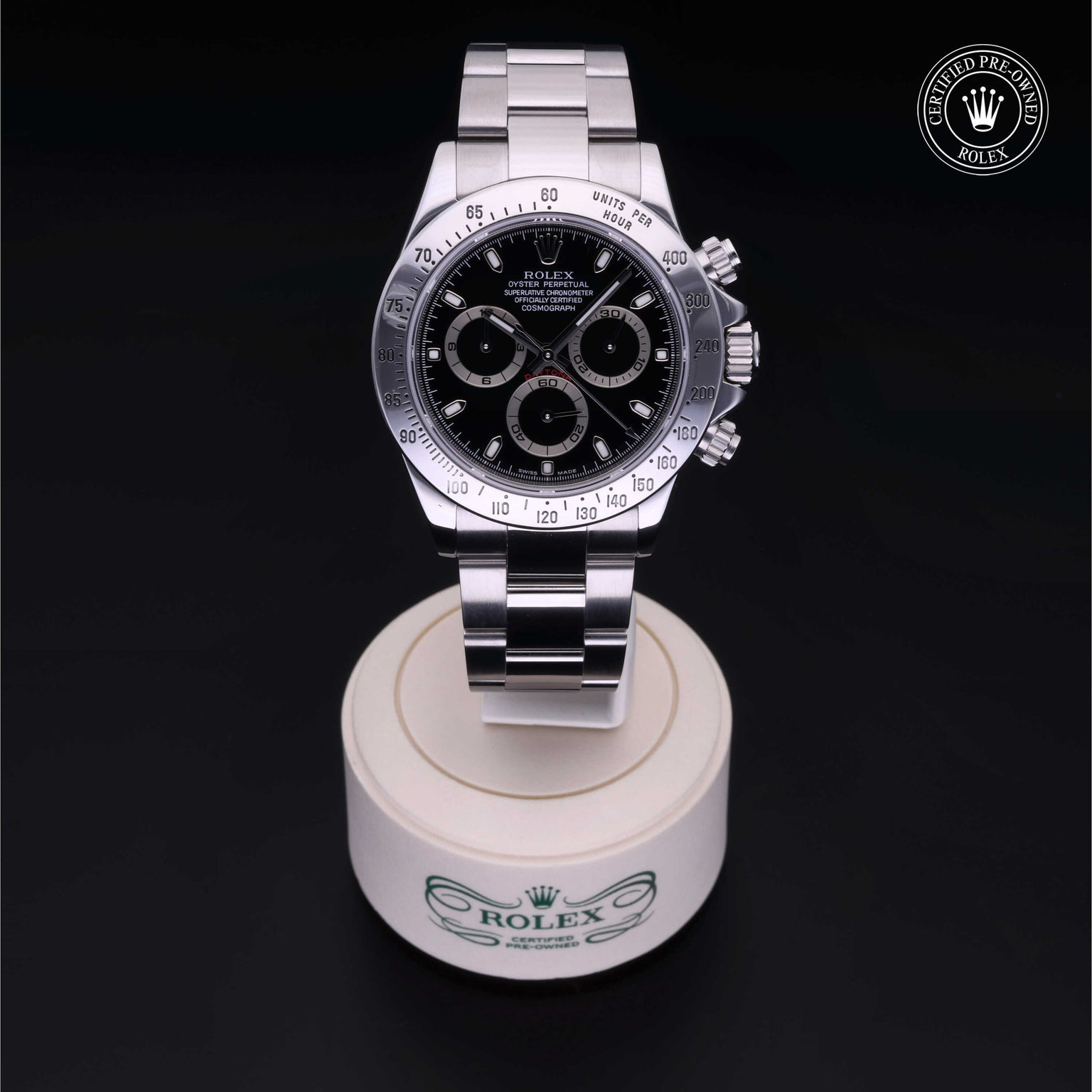 Rolex Certified Pre-owned Daytona M116520-0009 front on black background