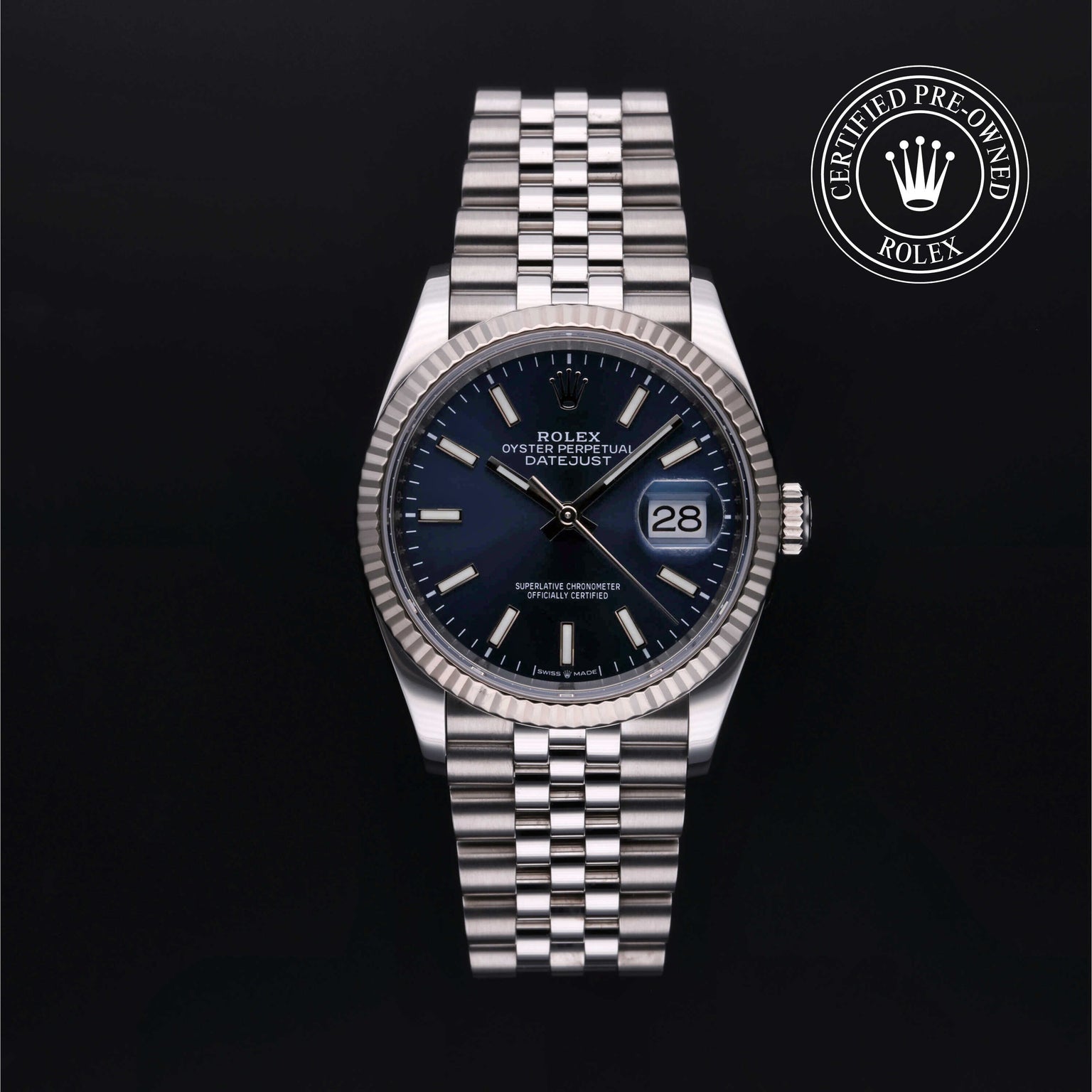 Rolex Certified Pre-owned Datejust M126234-0017 front on black background