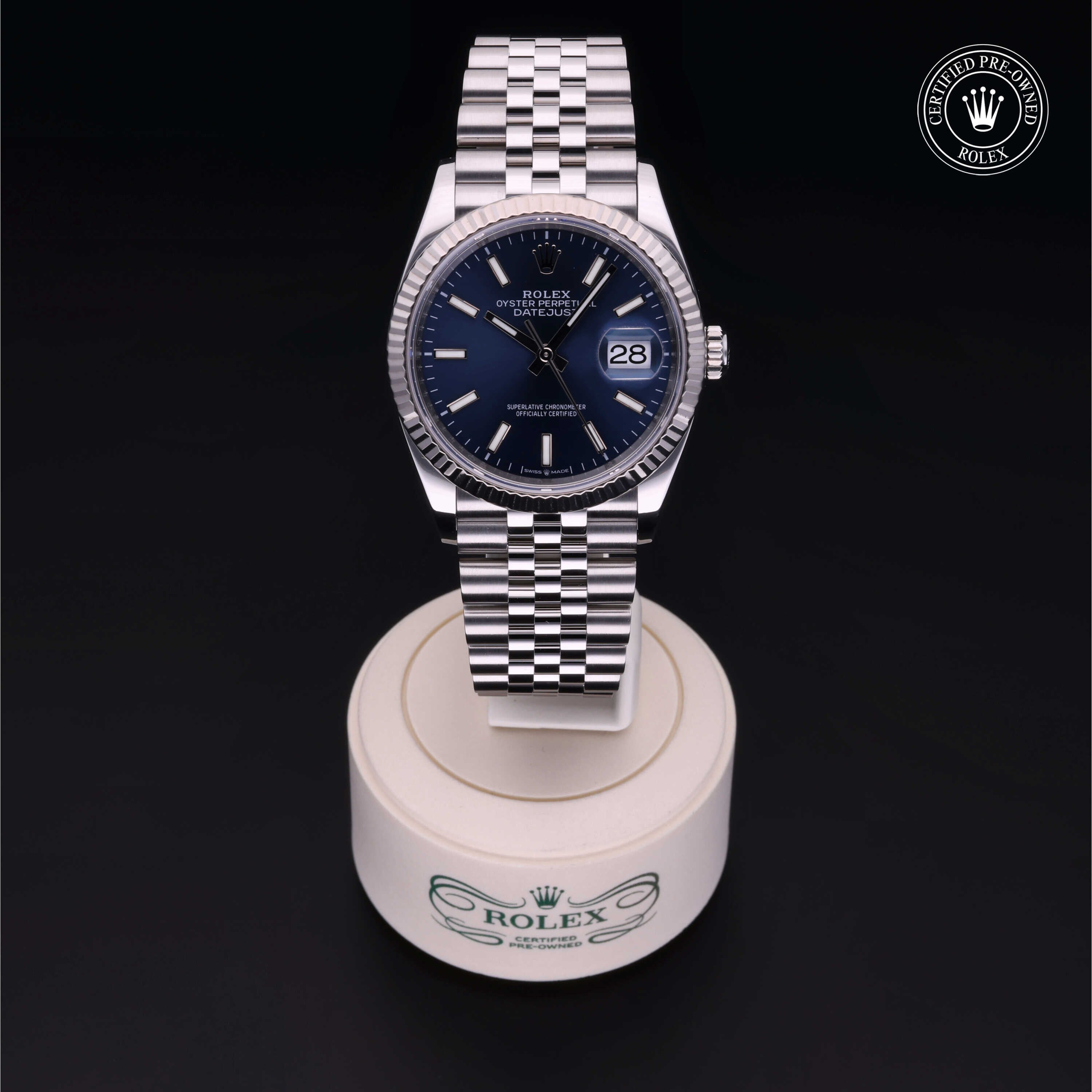 Rolex Certified Pre-owned Datejust M126234-0017 front on black background