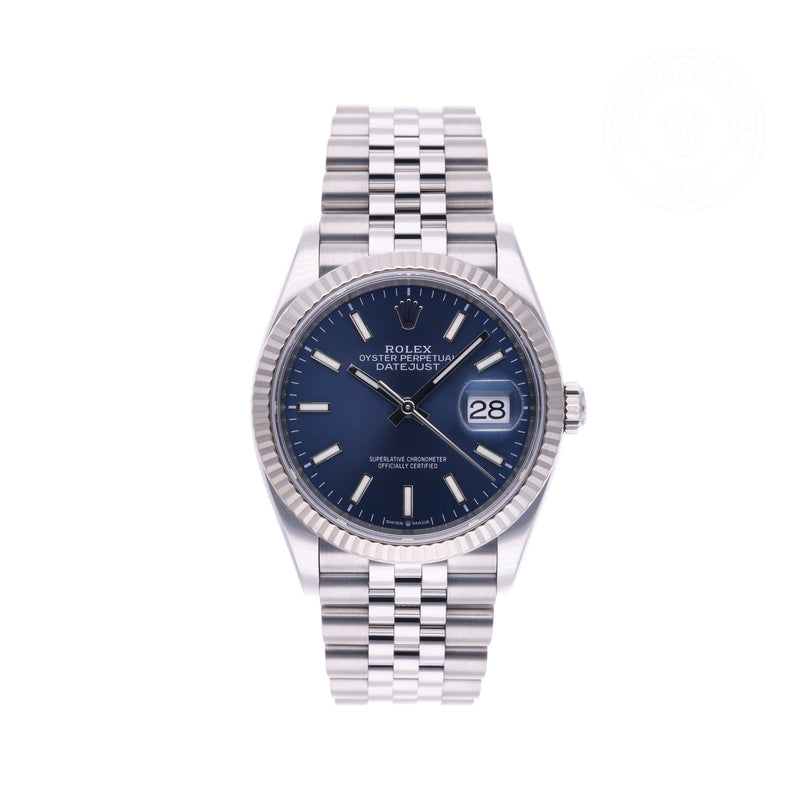 Rolex Certified Pre-owned Datejust M126234-0017 front on white background