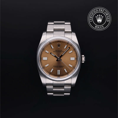 Rolex Certified Pre-owned Oyster Perpetual M116000-0011 front on black background