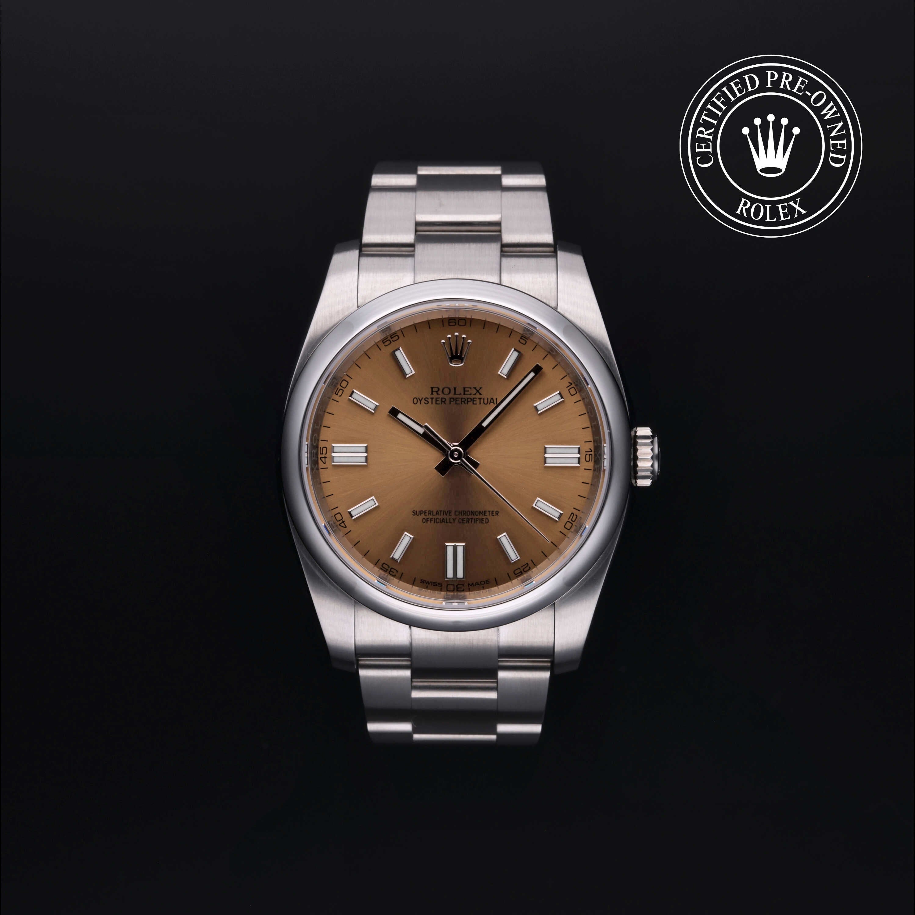 Rolex Certified Pre-owned Oyster Perpetual M116000-0011 front on black background