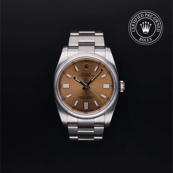 Rolex Certified Pre-owned Oyster Perpetual M116000-0011 front on black background