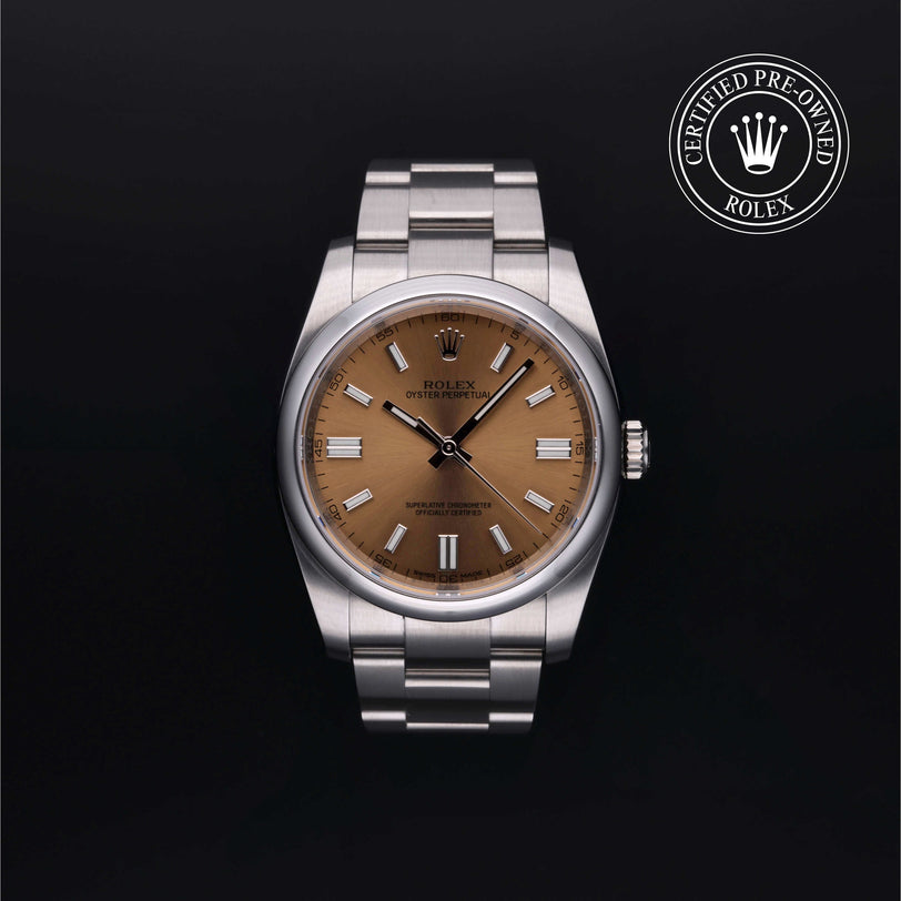 Rolex Certified Pre-owned Oyster Perpetual M116000-0011 front on black background
