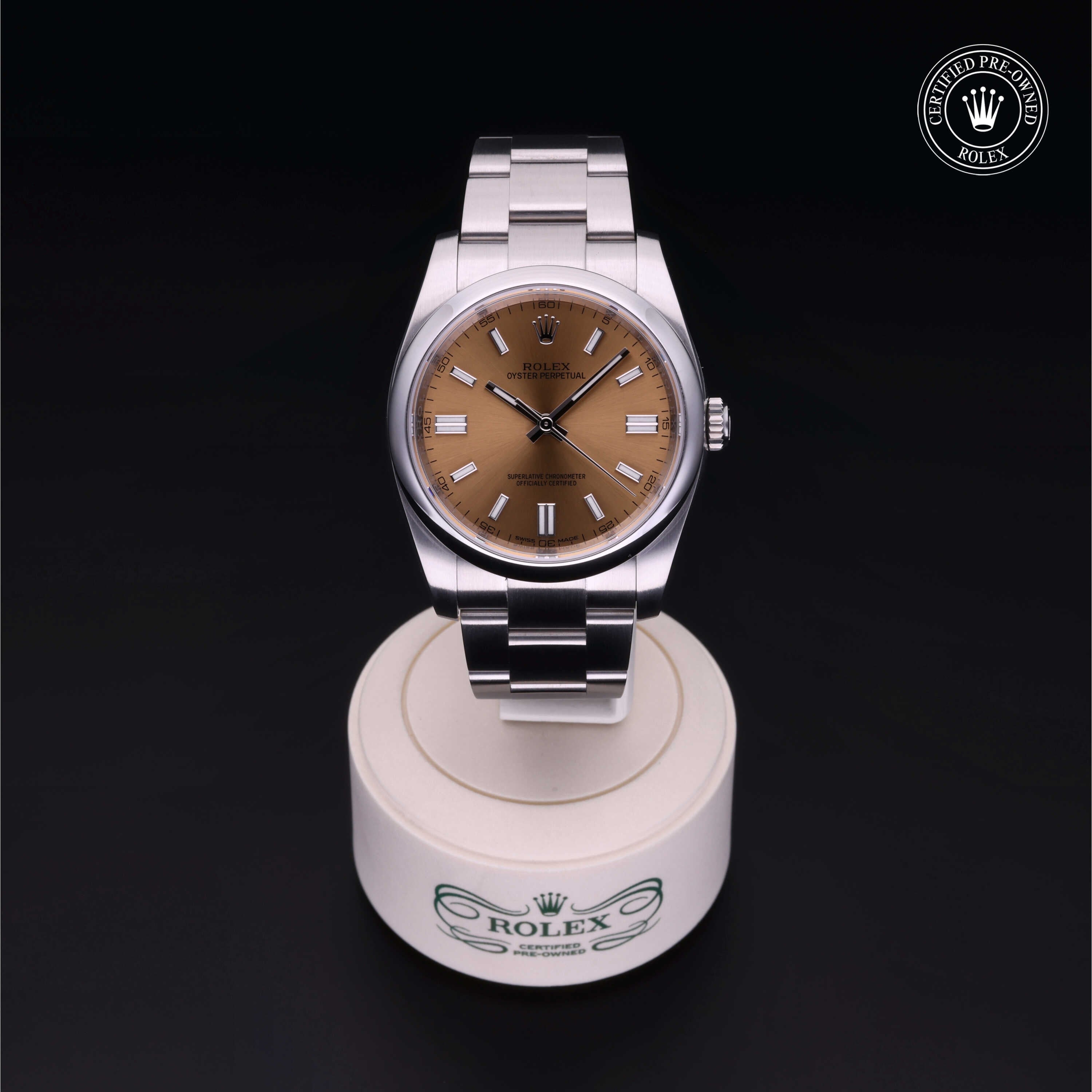 Rolex Certified Pre-owned Oyster Perpetual M116000-0011 front on black background