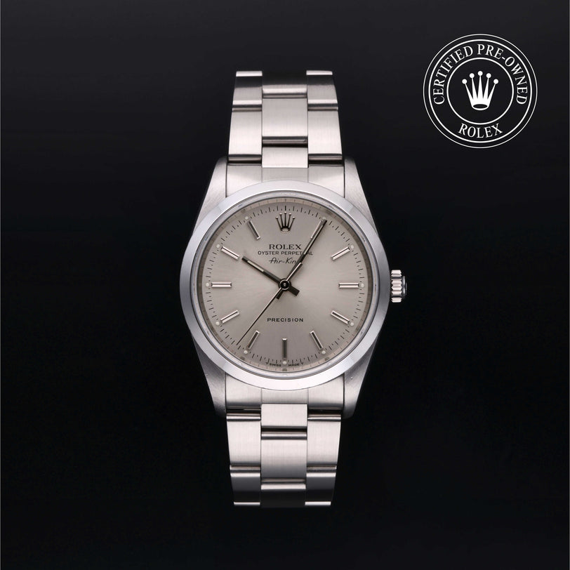 Rolex Certified Pre-owned Air-King M14000-0001 front on black background
