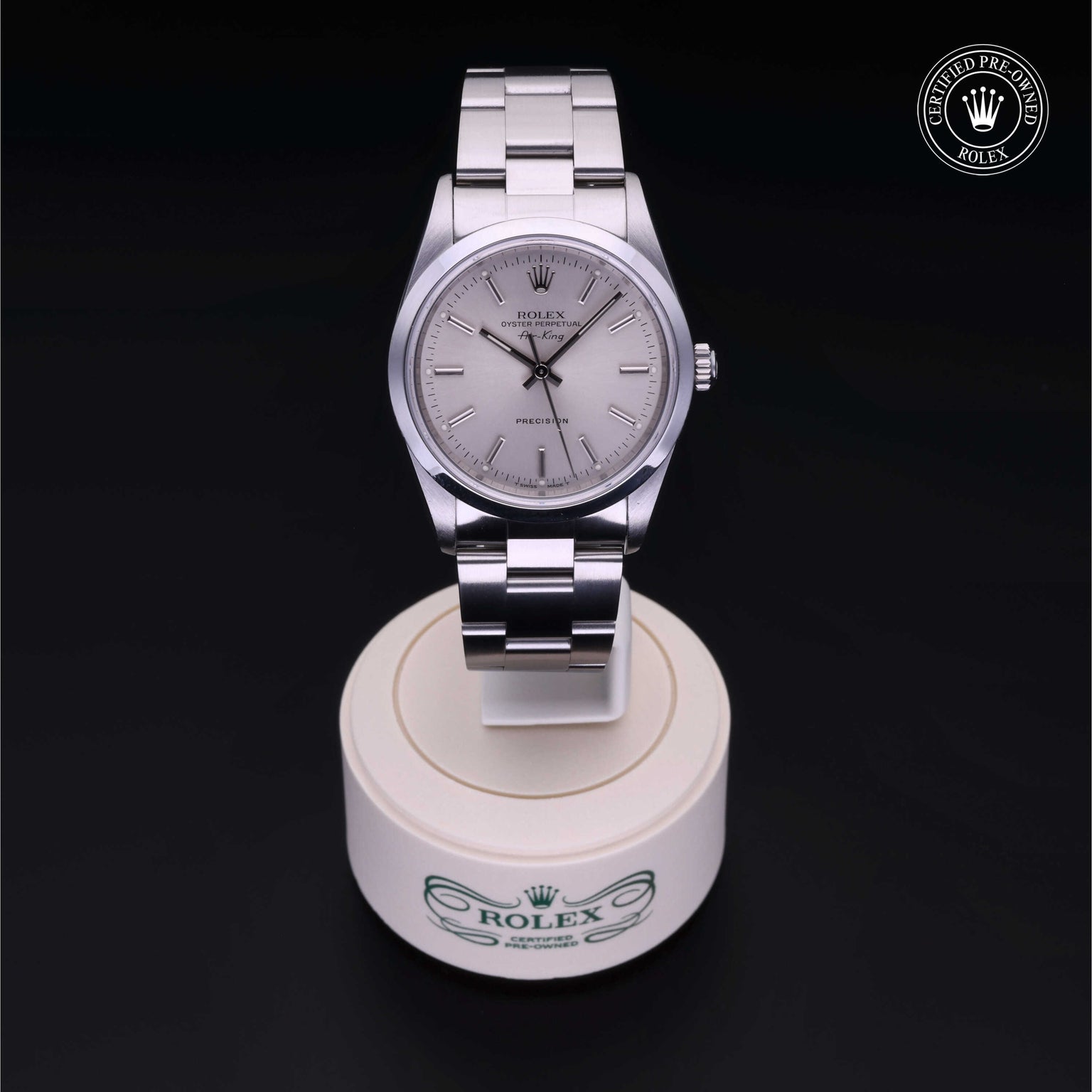 Rolex Certified Pre-owned Air-King M14000-0001 front on black background