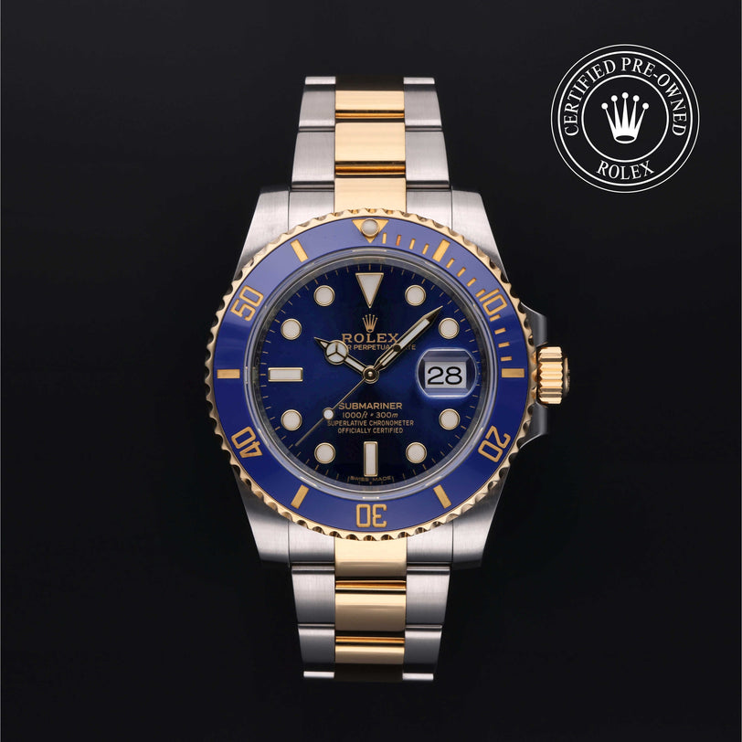 Rolex Certified Pre-owned Submariner M116613LB-0005 front on black background