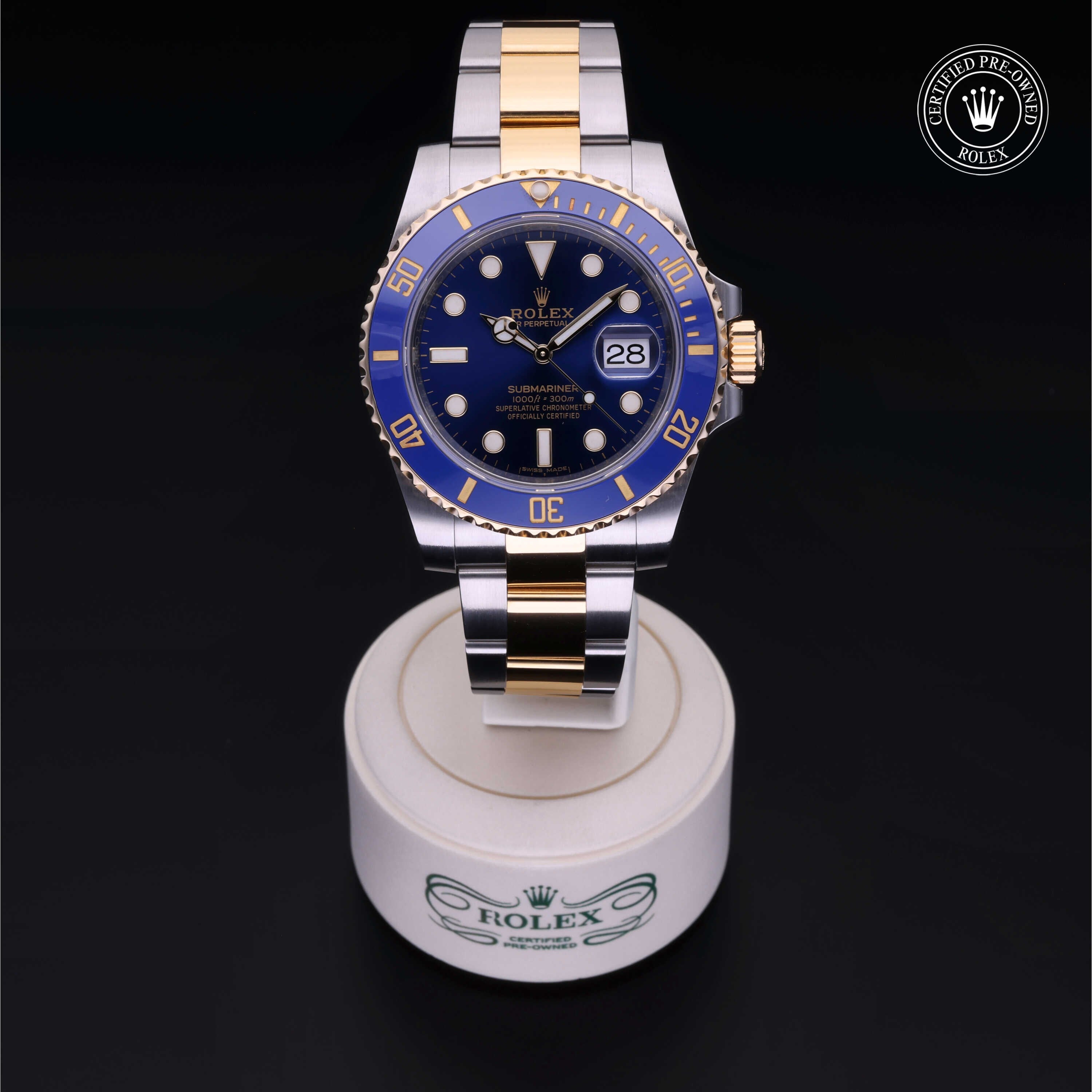 Rolex Certified Pre-owned Submariner M116613LB-0005 front on black background