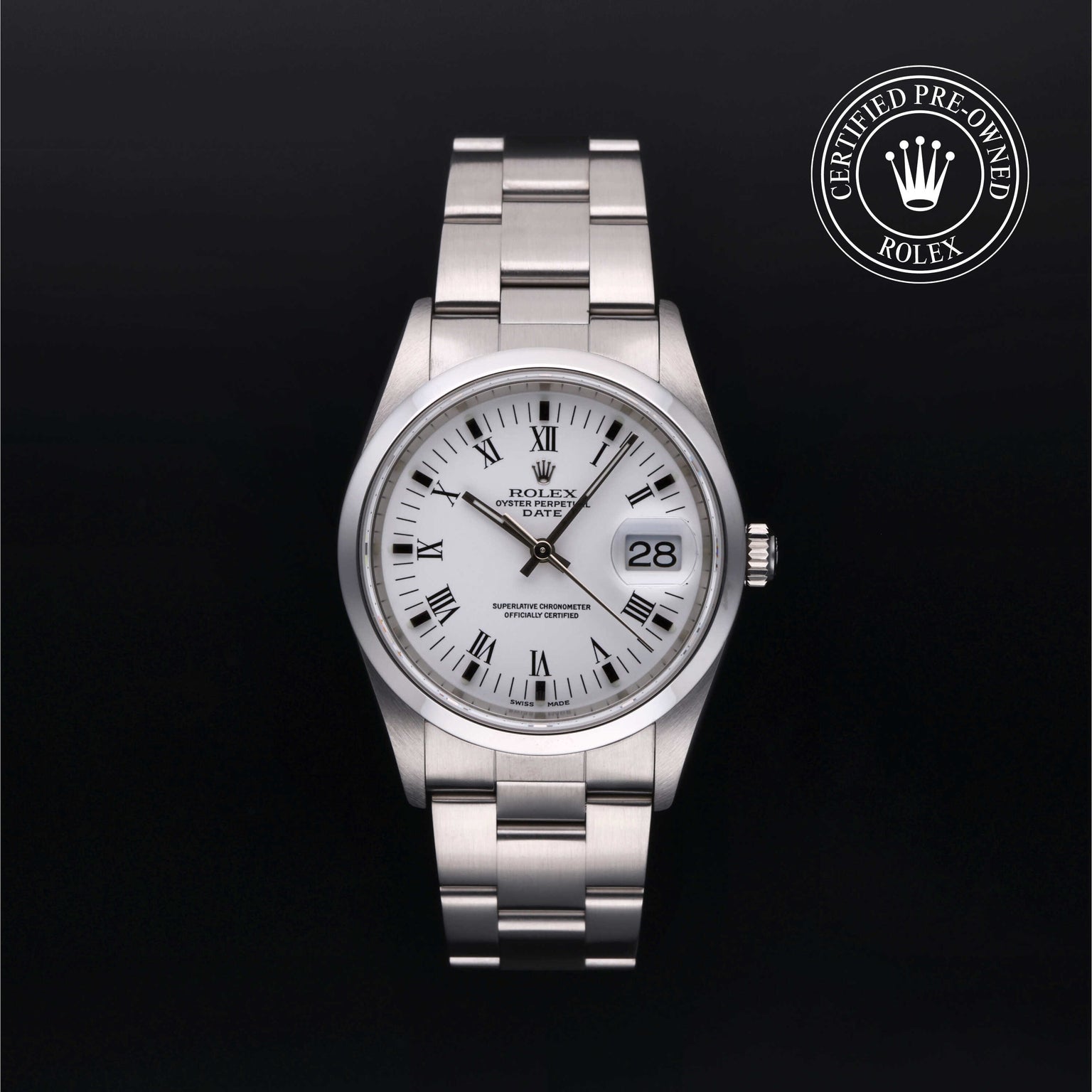 Rolex Certified Pre-owned Date M15200-0013 front on black background