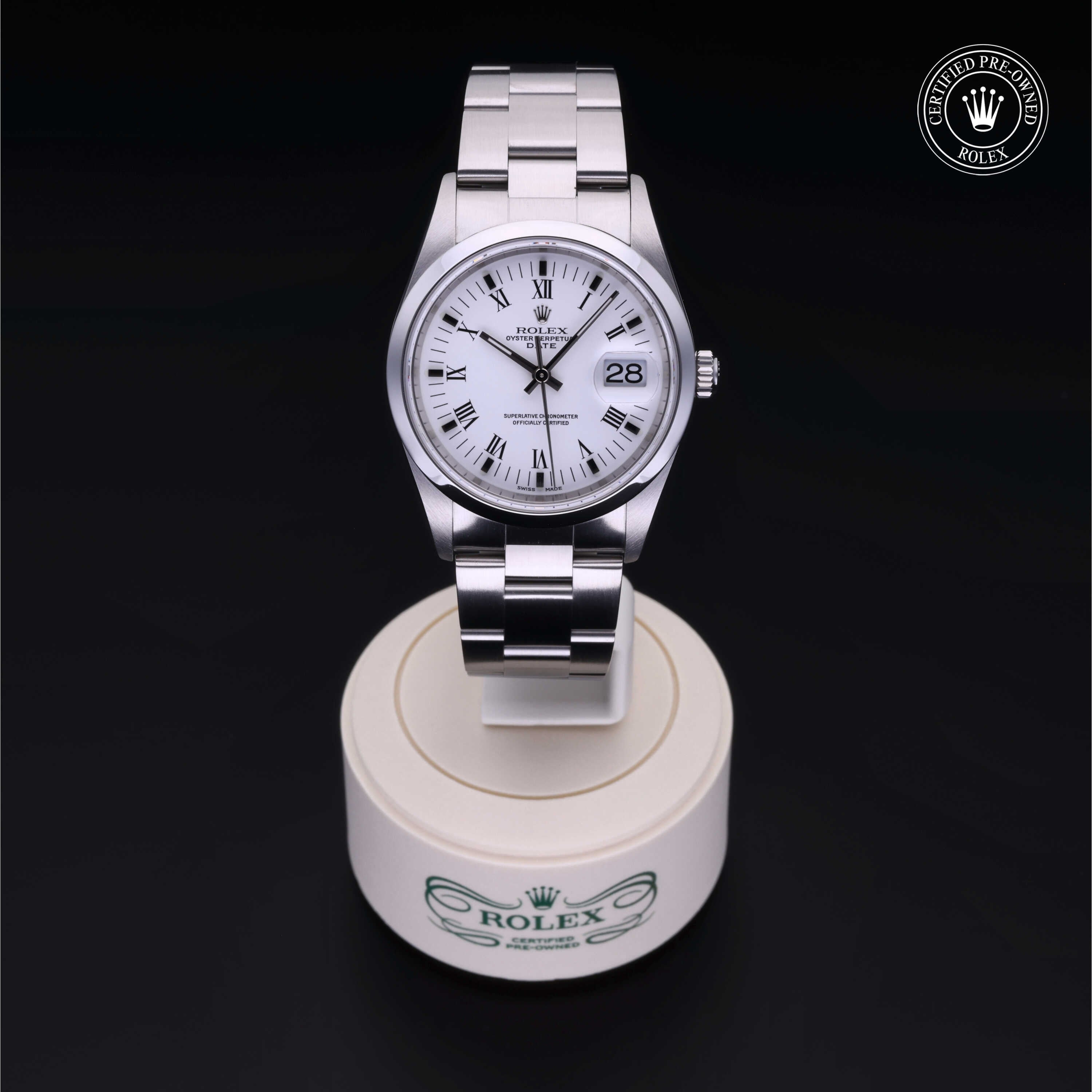 Rolex Certified Pre-owned Date M15200-0013 front on black background