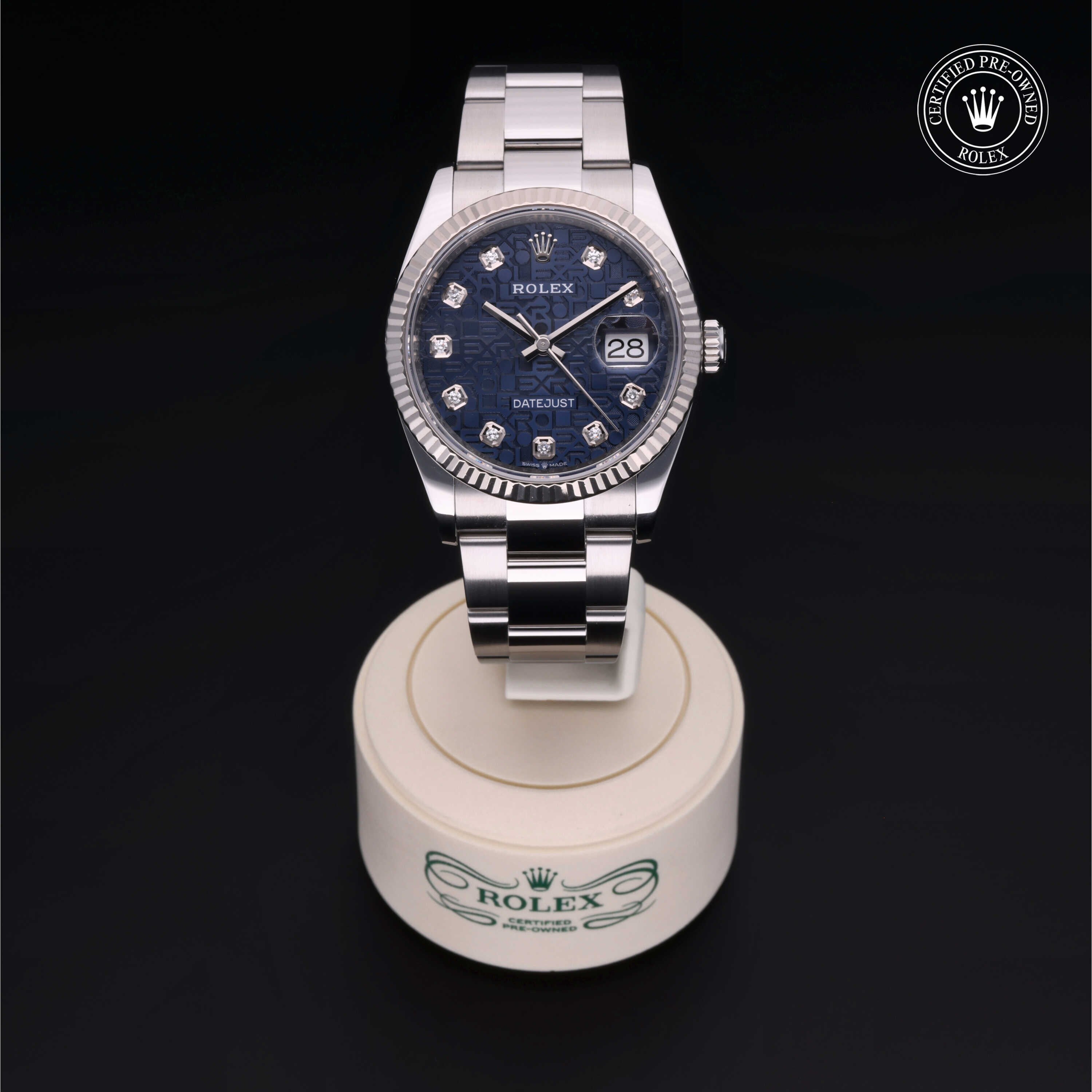 Rolex Certified Pre-owned Datejust M126234-0012 front on black background