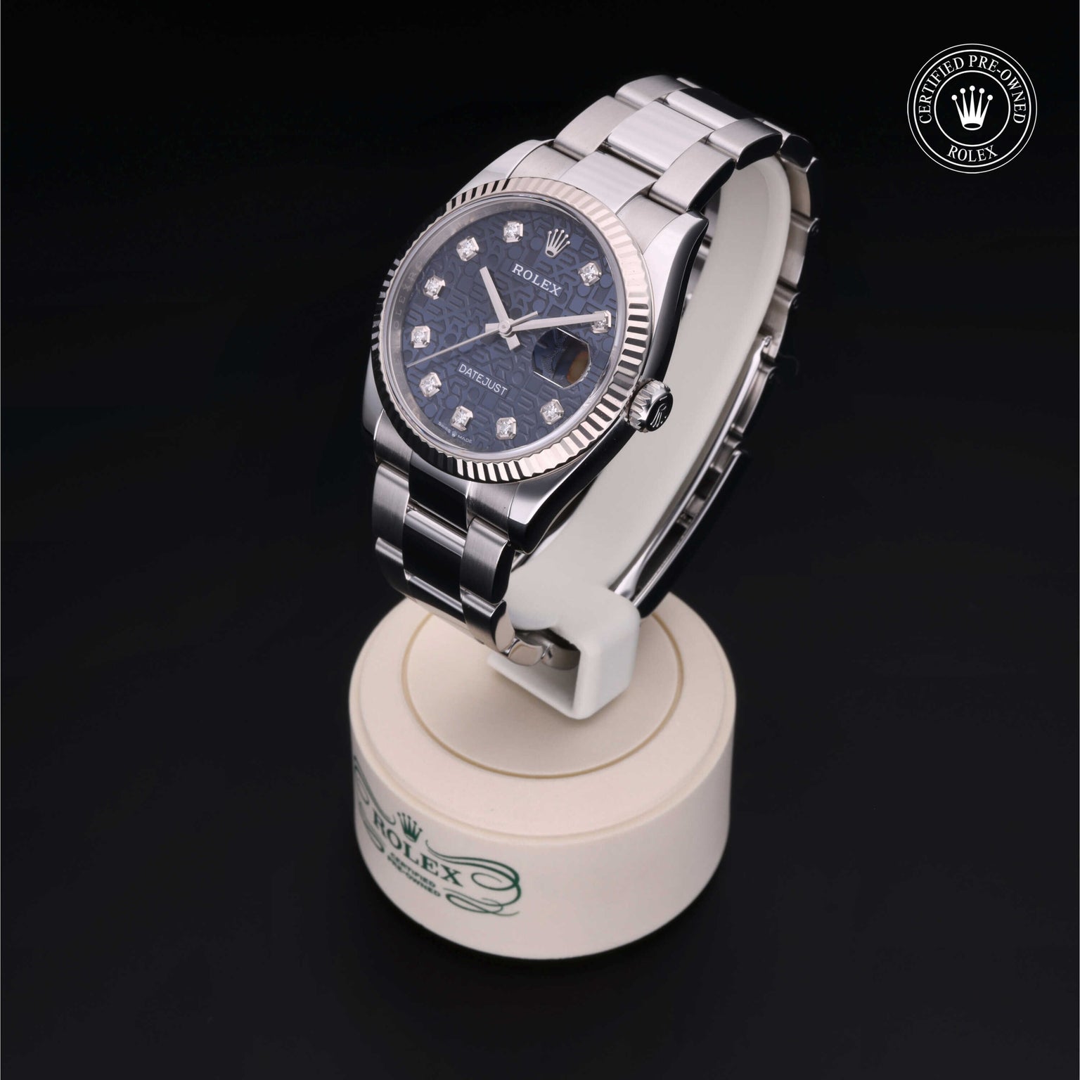 Rolex Certified Pre-owned Datejust M126234-0012 front on black background