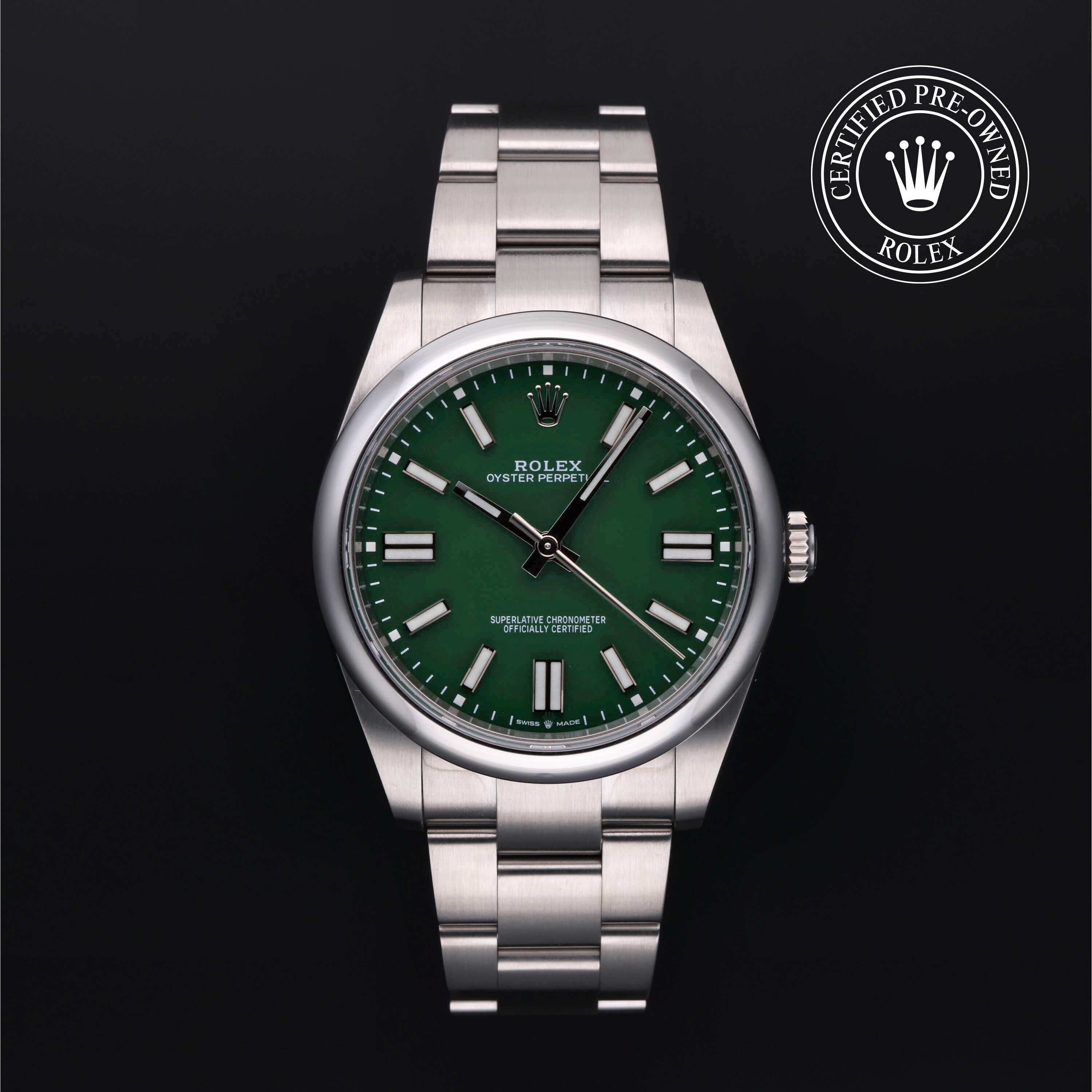 Rolex Certified Pre-owned Oyster Perpetual M124300-0005 front on black background