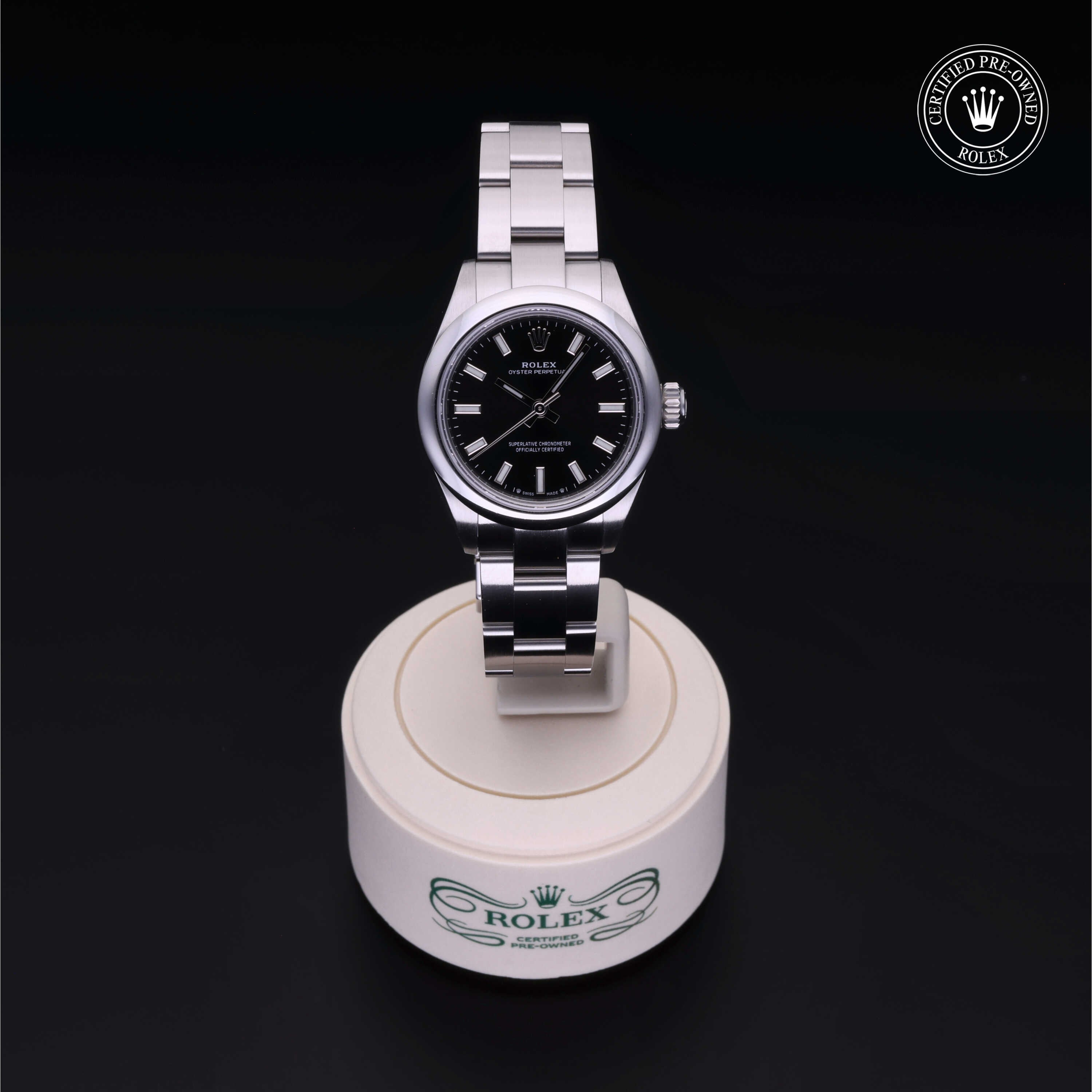 Rolex Certified Pre-owned Oyster Perpetual M276200-0002 front on black background
