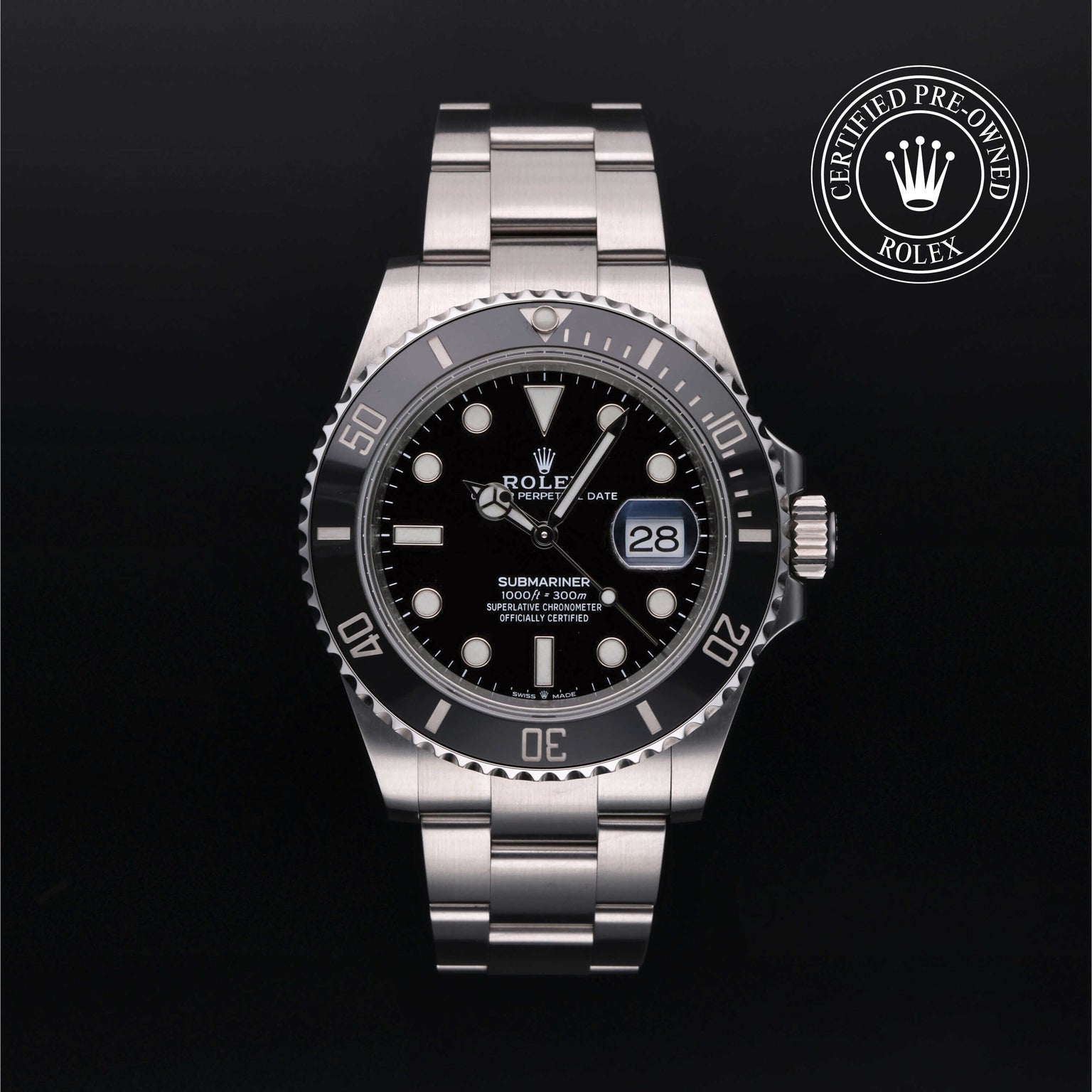 Rolex Certified Pre-owned Submariner M126610LN-0001 front on black background