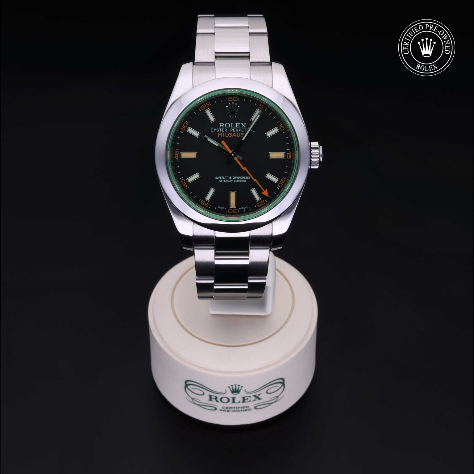 Rolex Certified Pre-owned Milgauss M116400GV-0001 front on black background