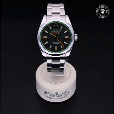 Rolex Certified Pre-owned Milgauss M116400GV-0001 front on black background