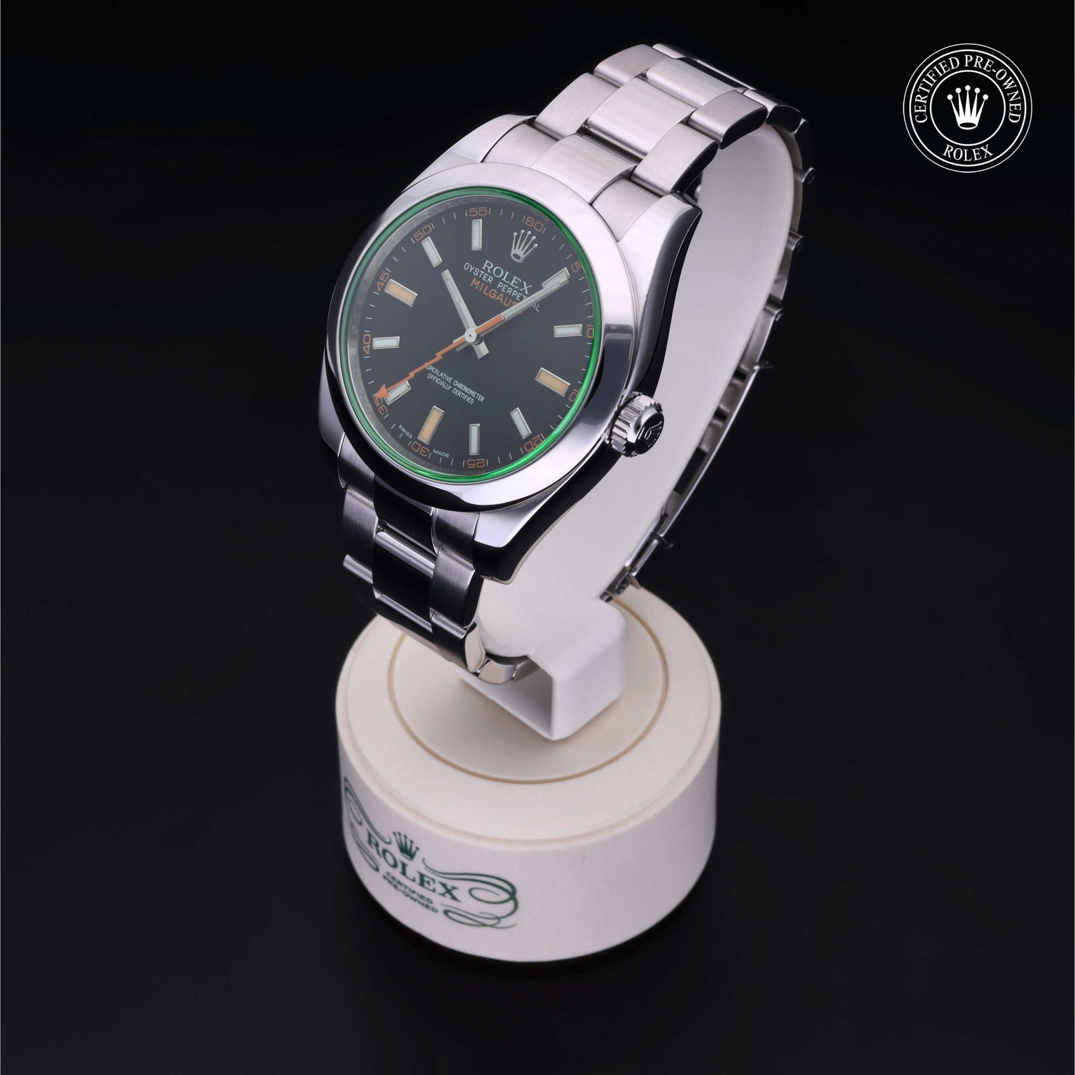 Rolex Certified Pre-owned Milgauss M116400GV-0001 front on black background