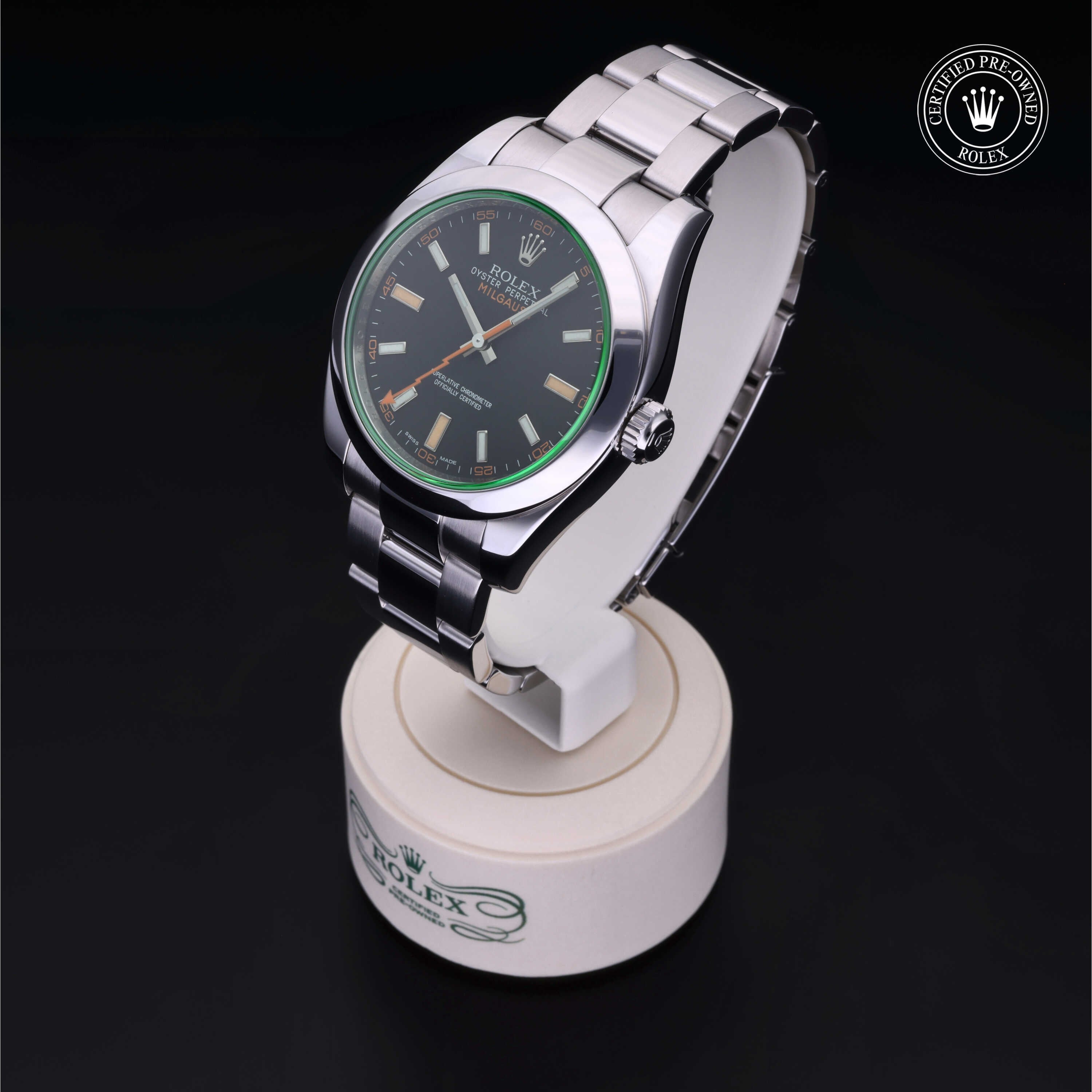 Rolex Certified Pre-owned Milgauss M116400GV-0001 front on black background