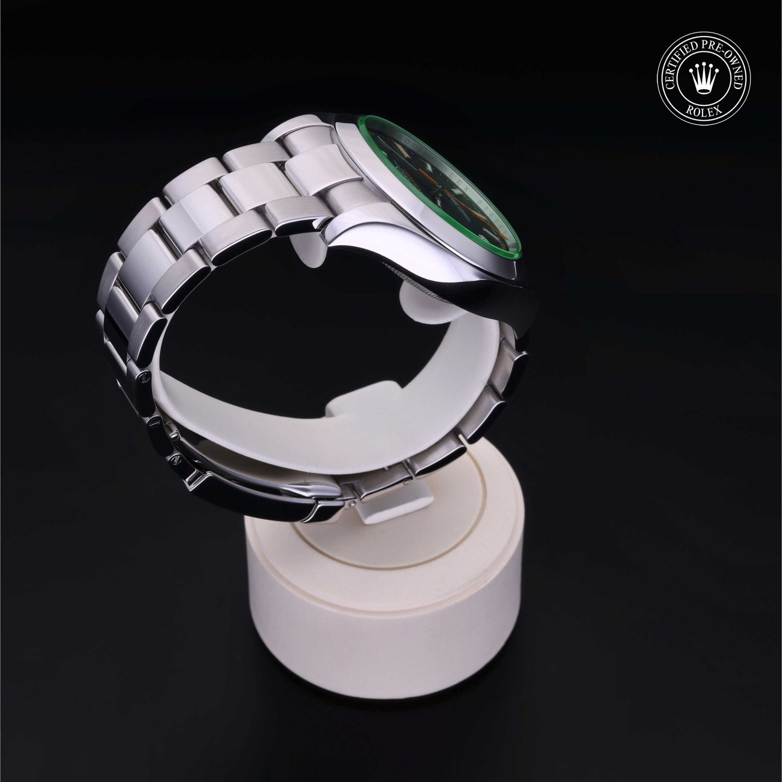 Rolex Certified Pre-owned Milgauss M116400GV-0001 front on black background