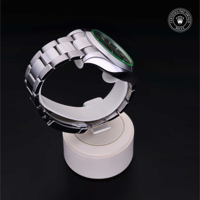 Rolex Certified Pre-owned Milgauss M116400GV-0001 front on black background