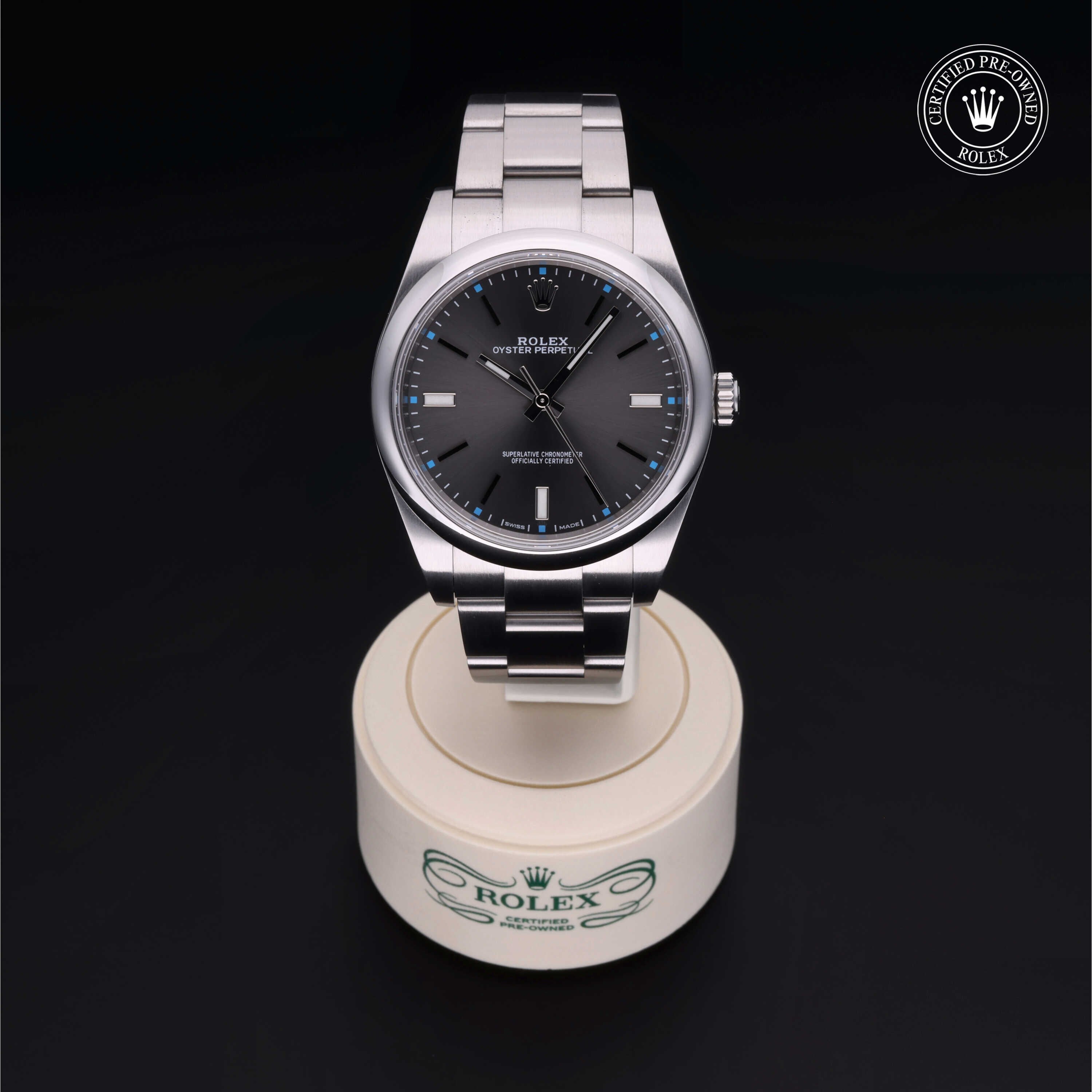 Rolex Certified Pre-owned Oyster Perpetual M114300-0001 front on black background