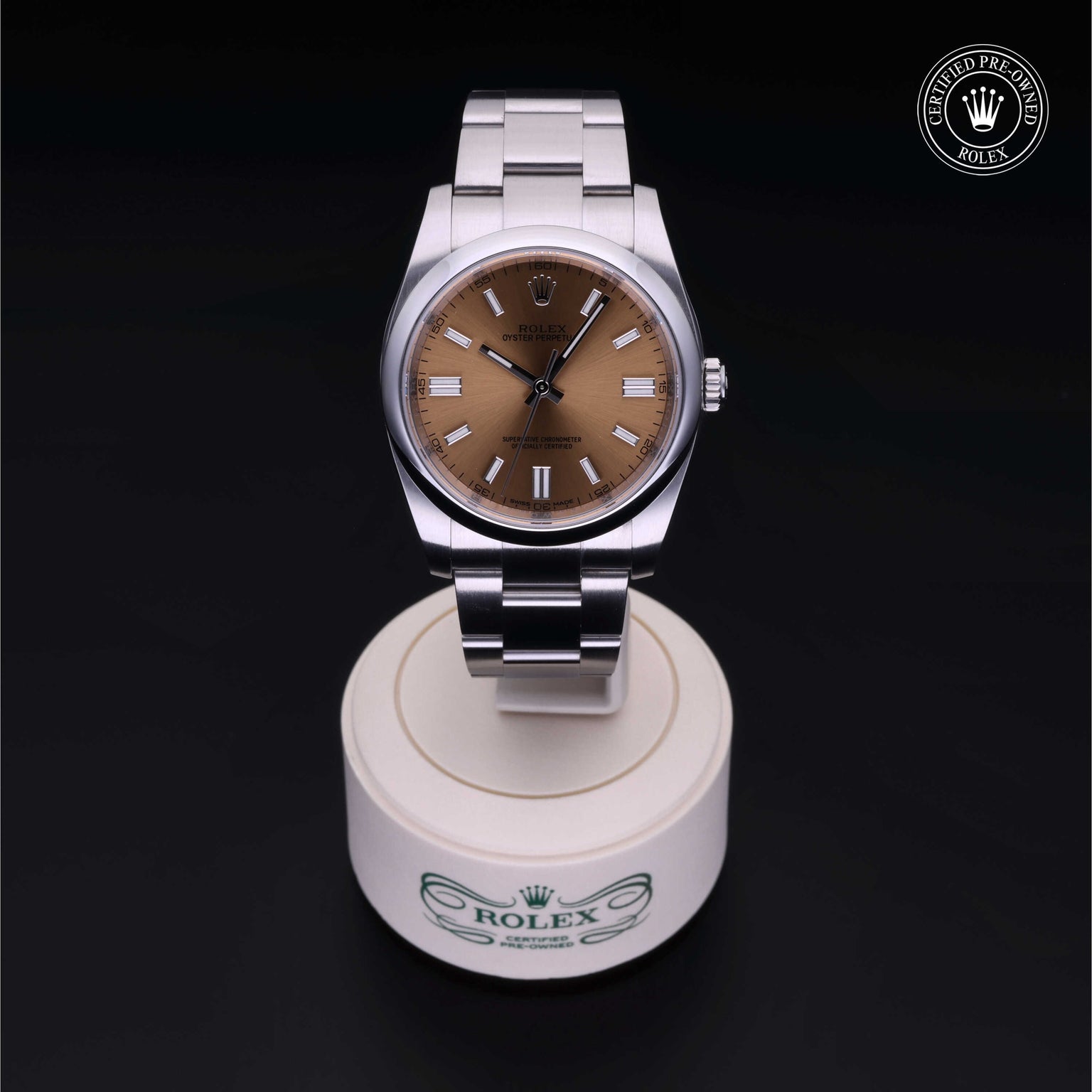 Rolex Certified Pre-owned Oyster Perpetual M116000-0011 front on black background