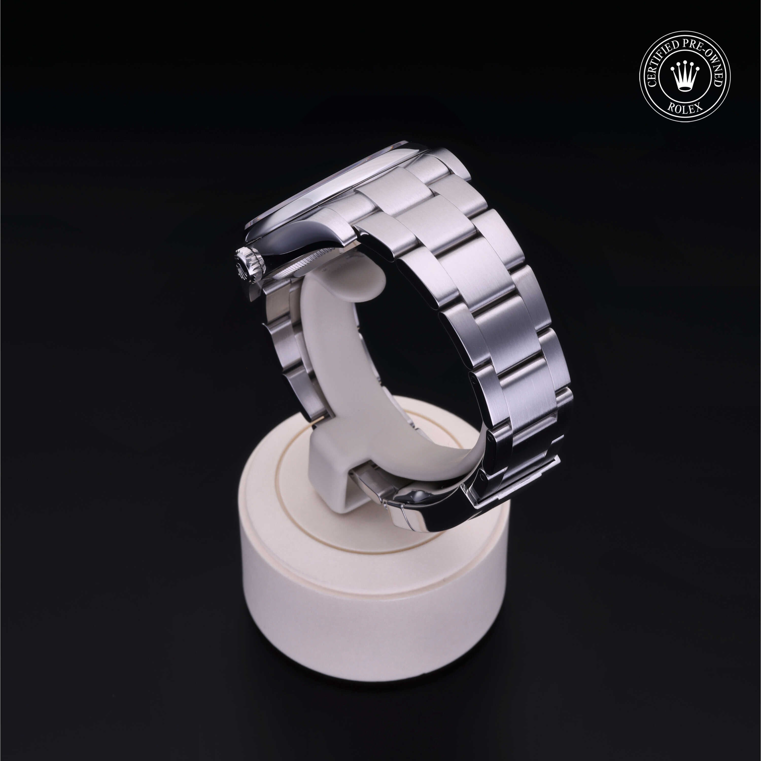 Rolex Certified Pre-owned Oyster Perpetual M116000-0011 front on black background