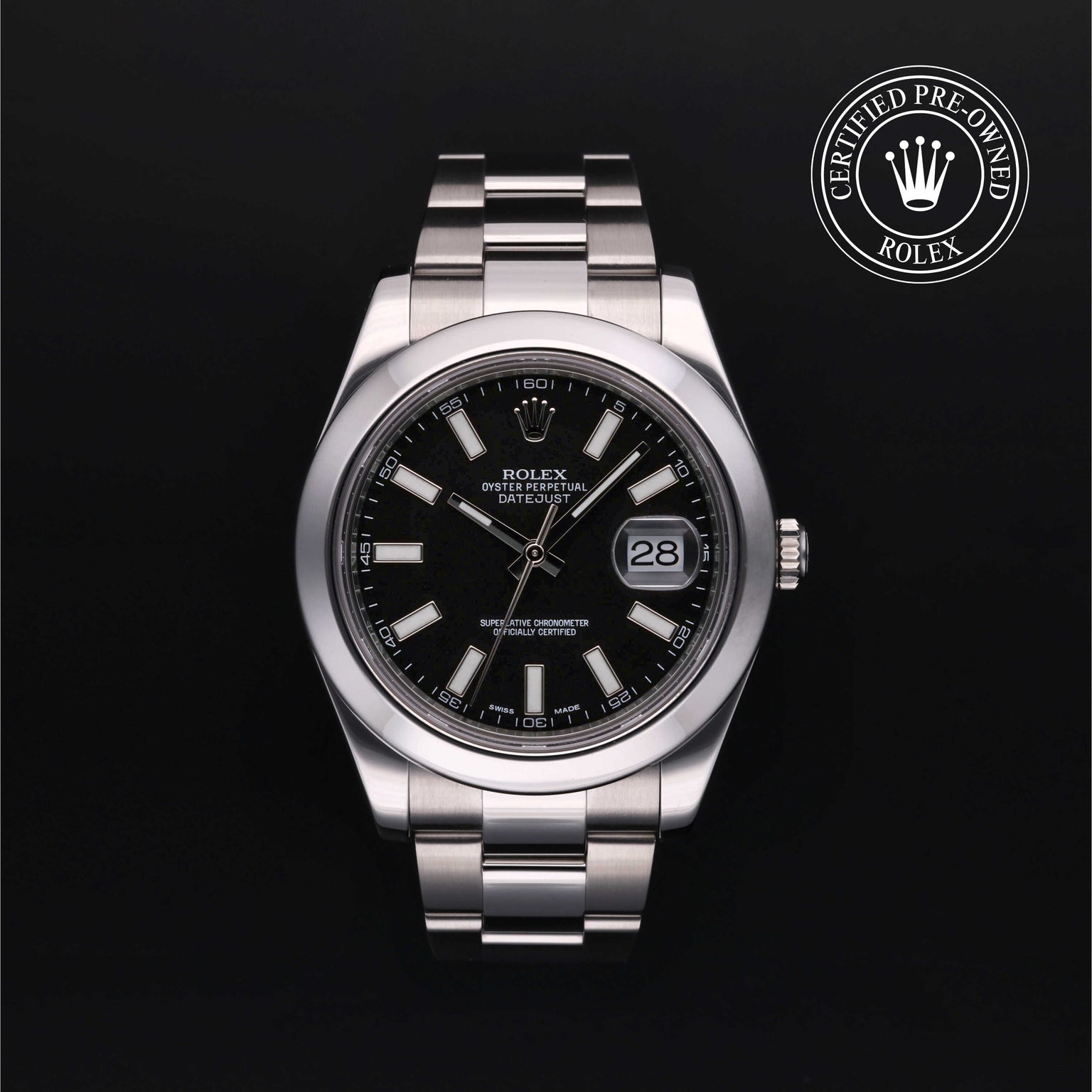 Rolex Certified Pre-owned Datejust M116300-0001 front on black background