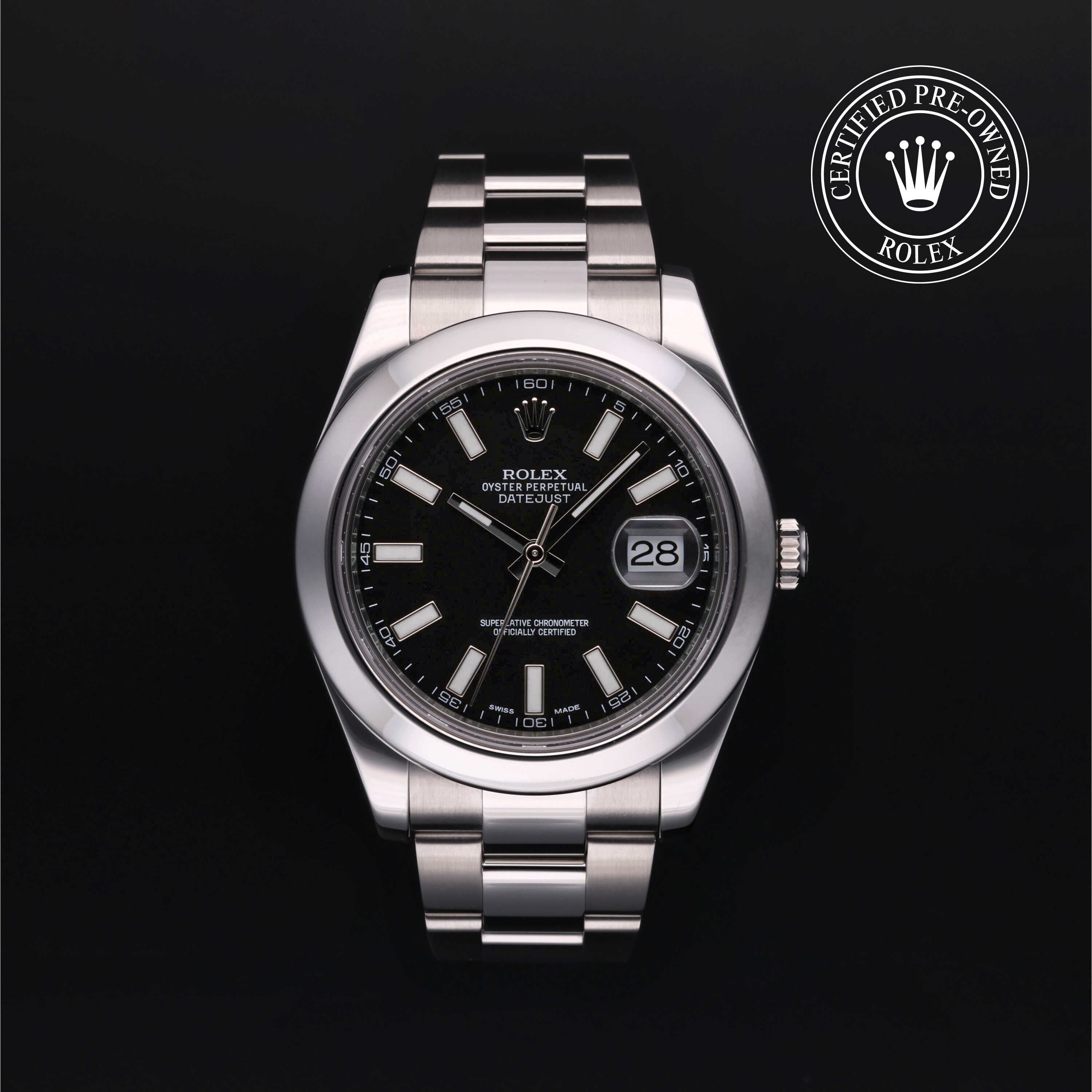 Rolex Certified Pre-owned Datejust M116300-0001 front on black background