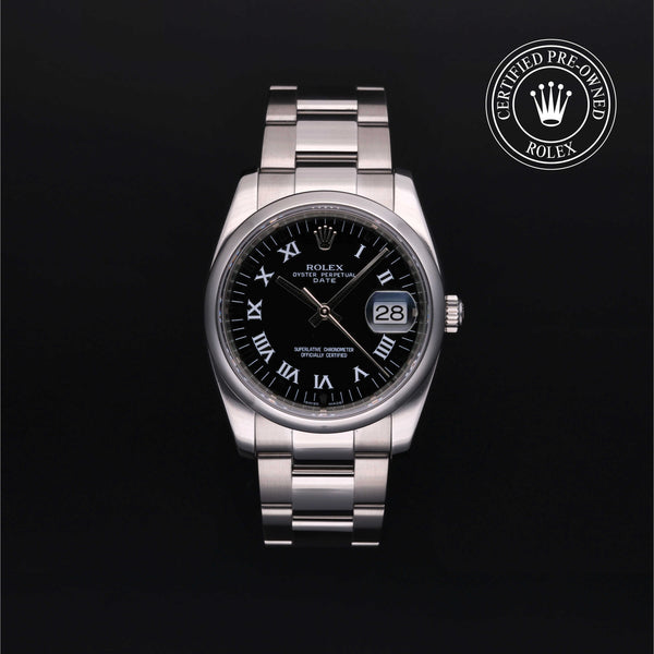 Rolex Certified Pre-owned Date M115200-0002 front on black background