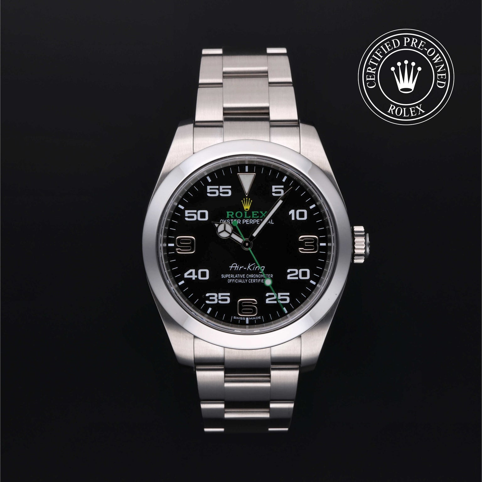 Rolex Certified Pre-owned Air-King M116900-0001 front on black background