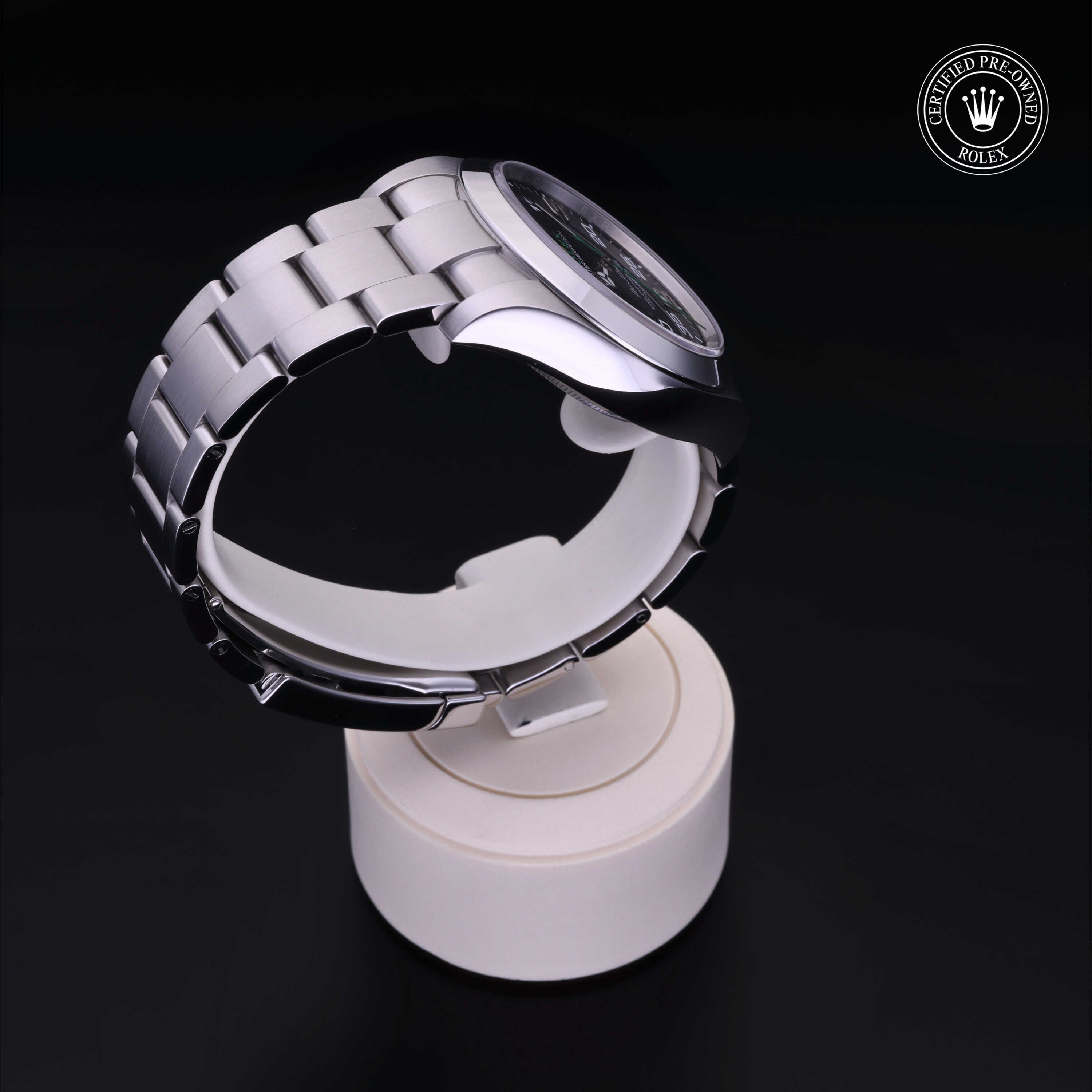 Rolex Certified Pre-owned Air-King M116900-0001 front on black background