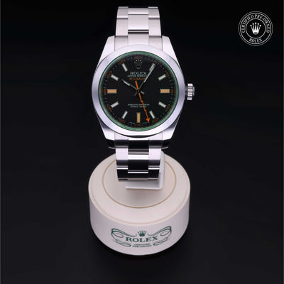 Rolex Certified Pre-owned Milgauss M116400GV-0001 front on black background