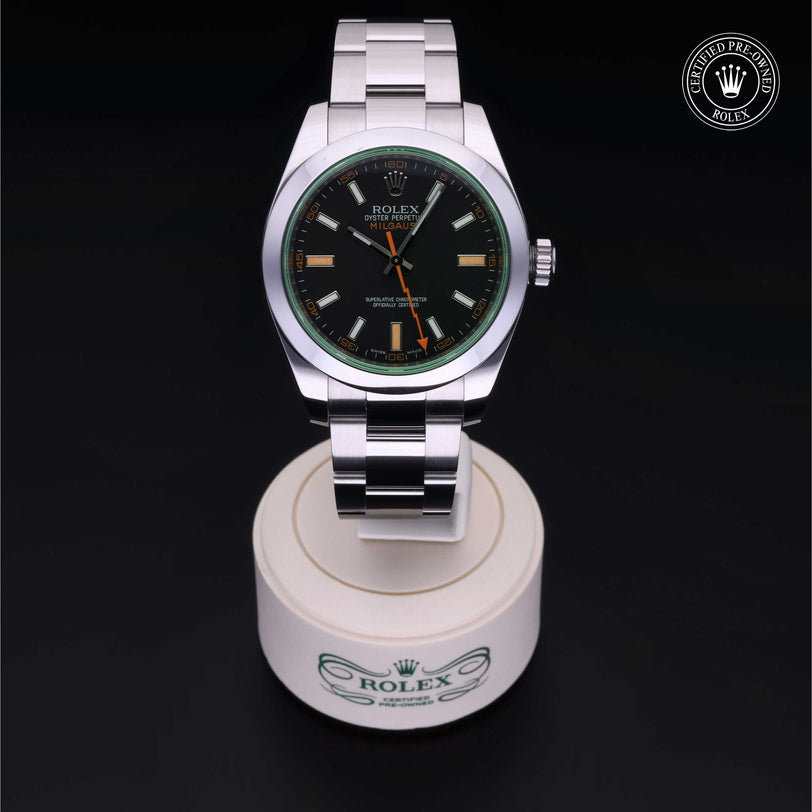Rolex Certified Pre-owned Milgauss M116400GV-0001 front on black background